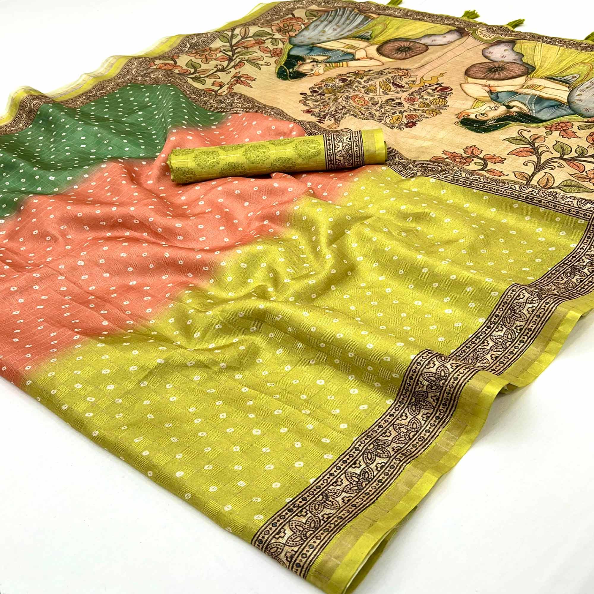 Multicolor Bandhani Print Saree in Elegant Maheshwari Cotton Silk