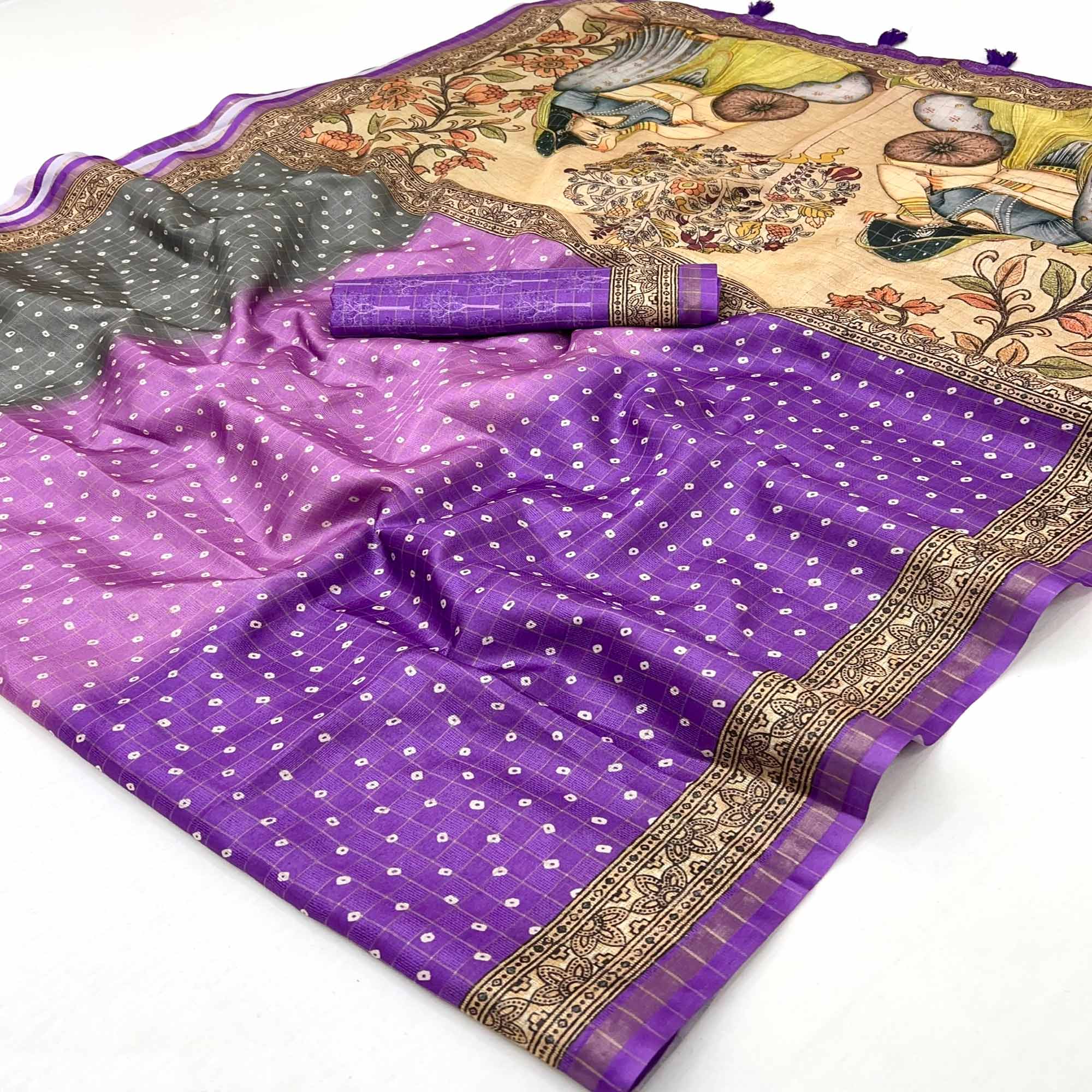 Violet Bandhani Print Saree in Elegant Maheshwari Cotton Silk