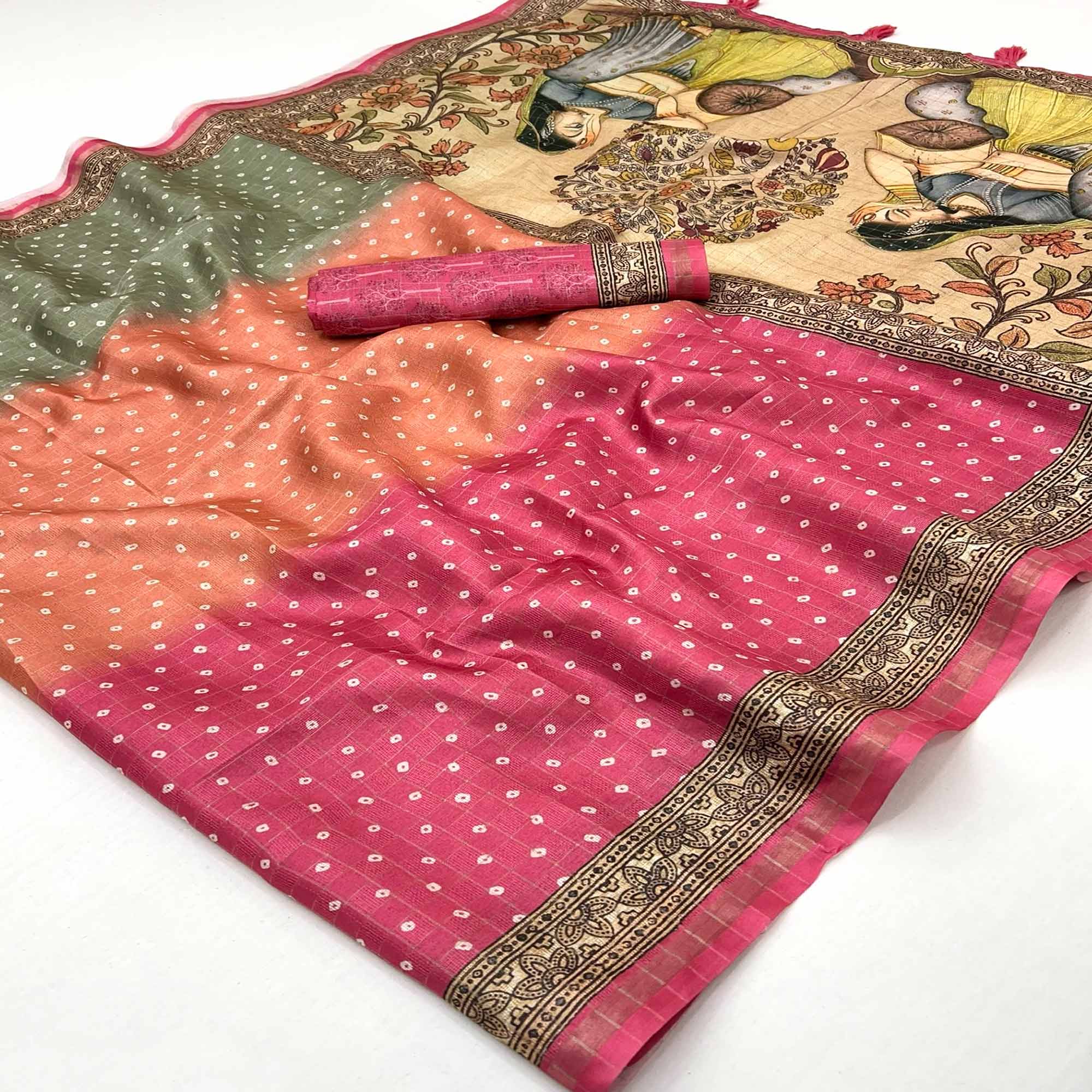Designer Multicolor Bandhani Maheshwari Saree in Soft Cotton Silk