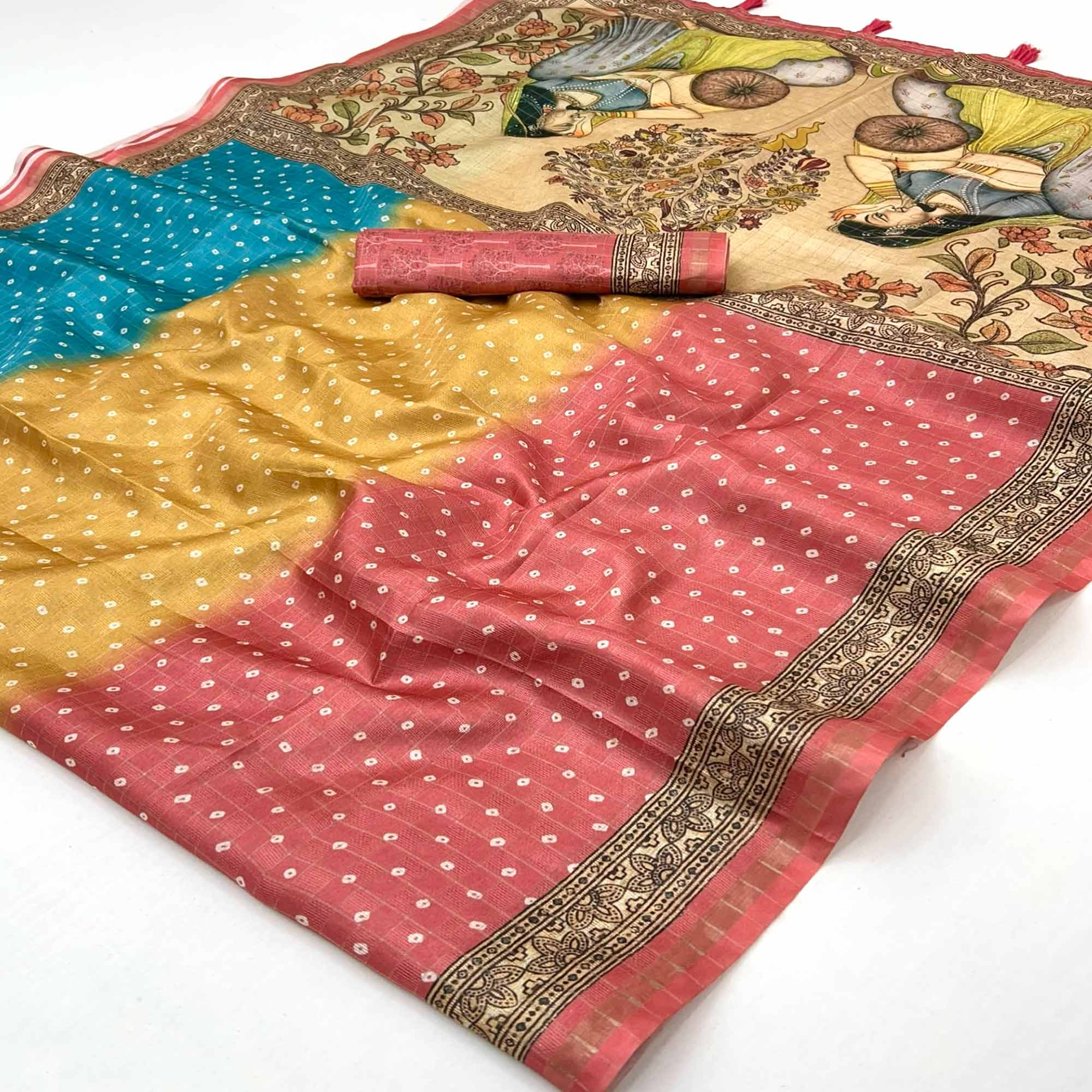 Multicolor Maheshwari Cotton Silk Saree with Bandhani Patterns