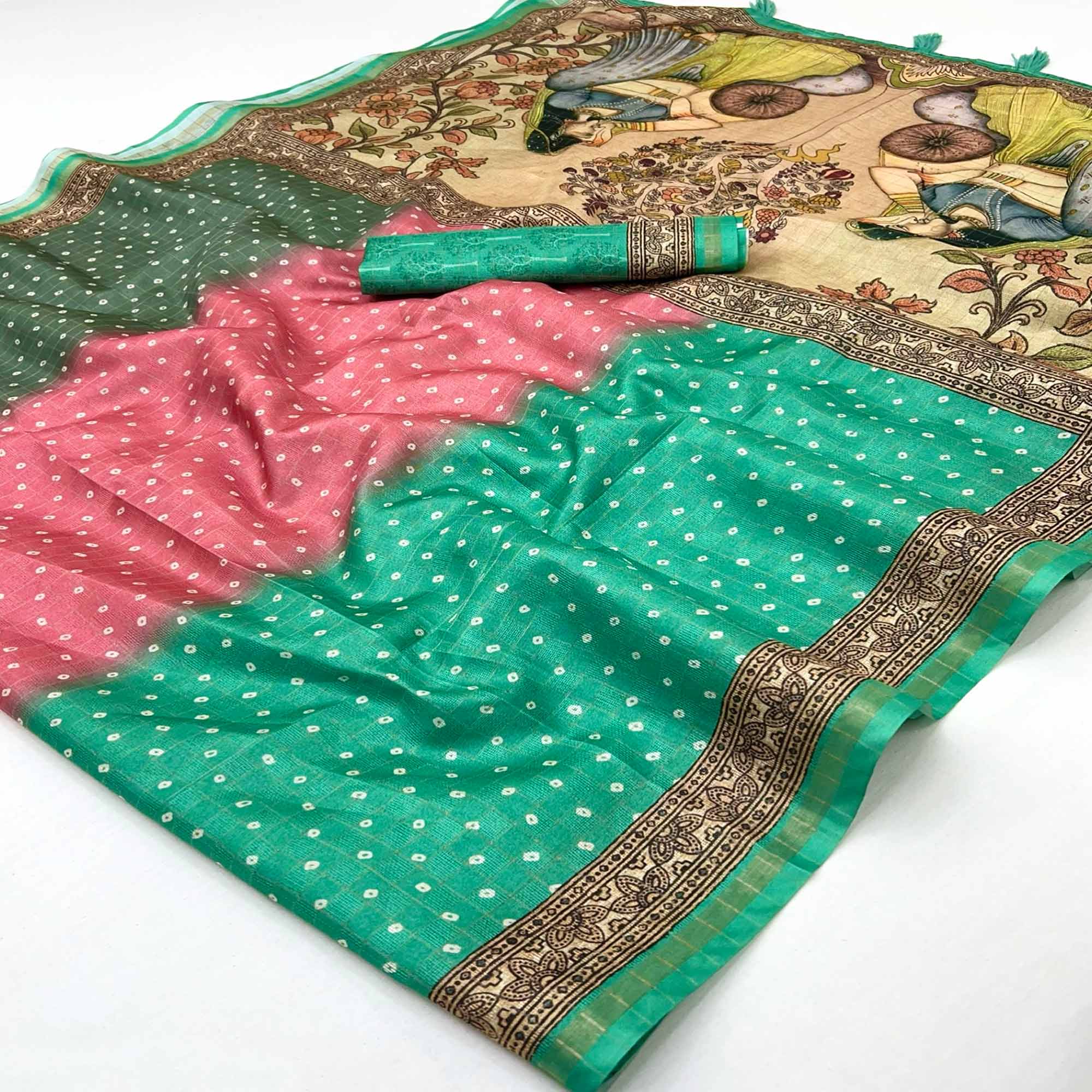 Multicolor Bandhani Print Saree in Lustrous Maheshwari Cotton Silk Fabric