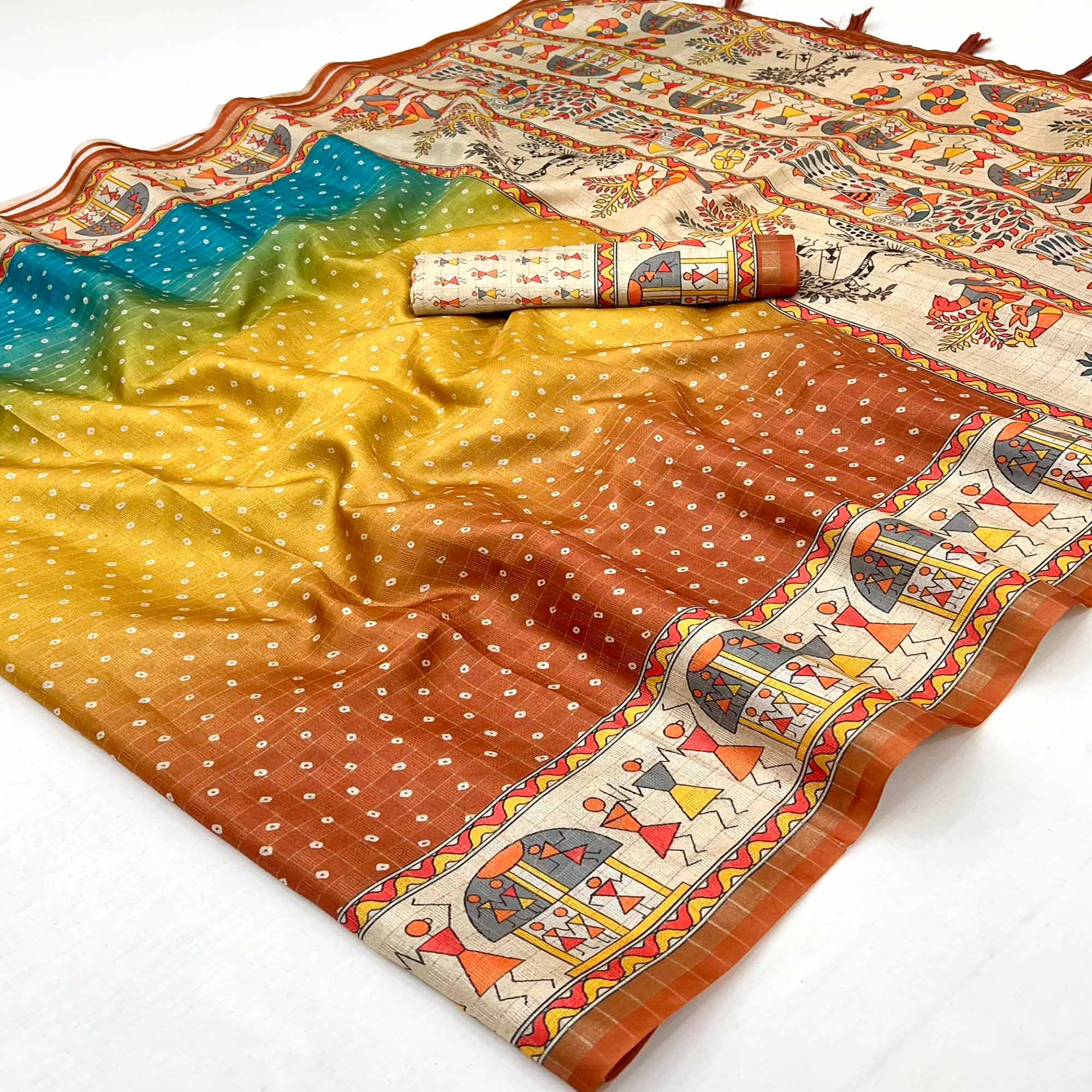 Multicolor Bandhani Printed Maheshwari Cotton Silk Saree for Festive Styling