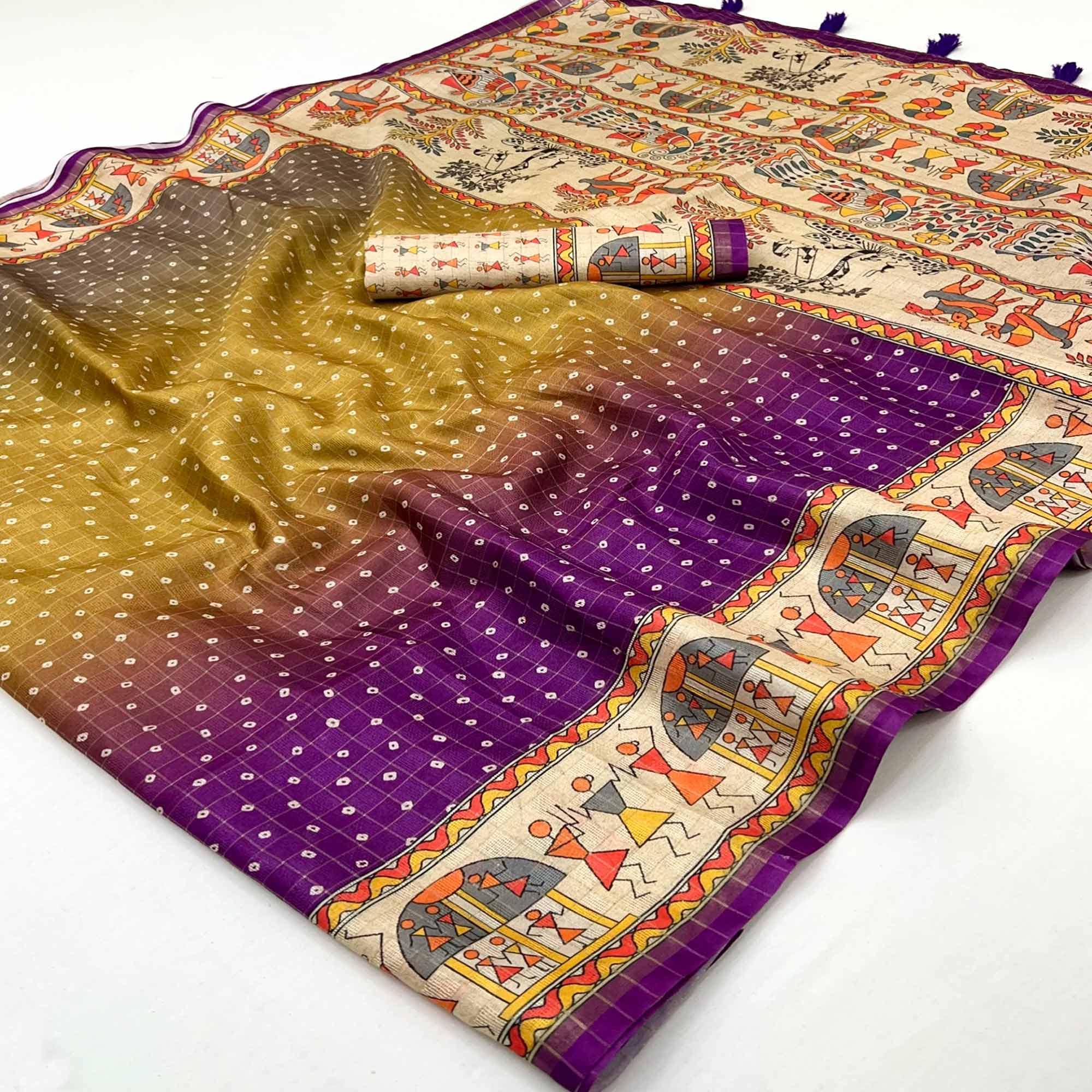 Traditional Multicolor Bandhani Print Maheshwari Cotton Silk Saree