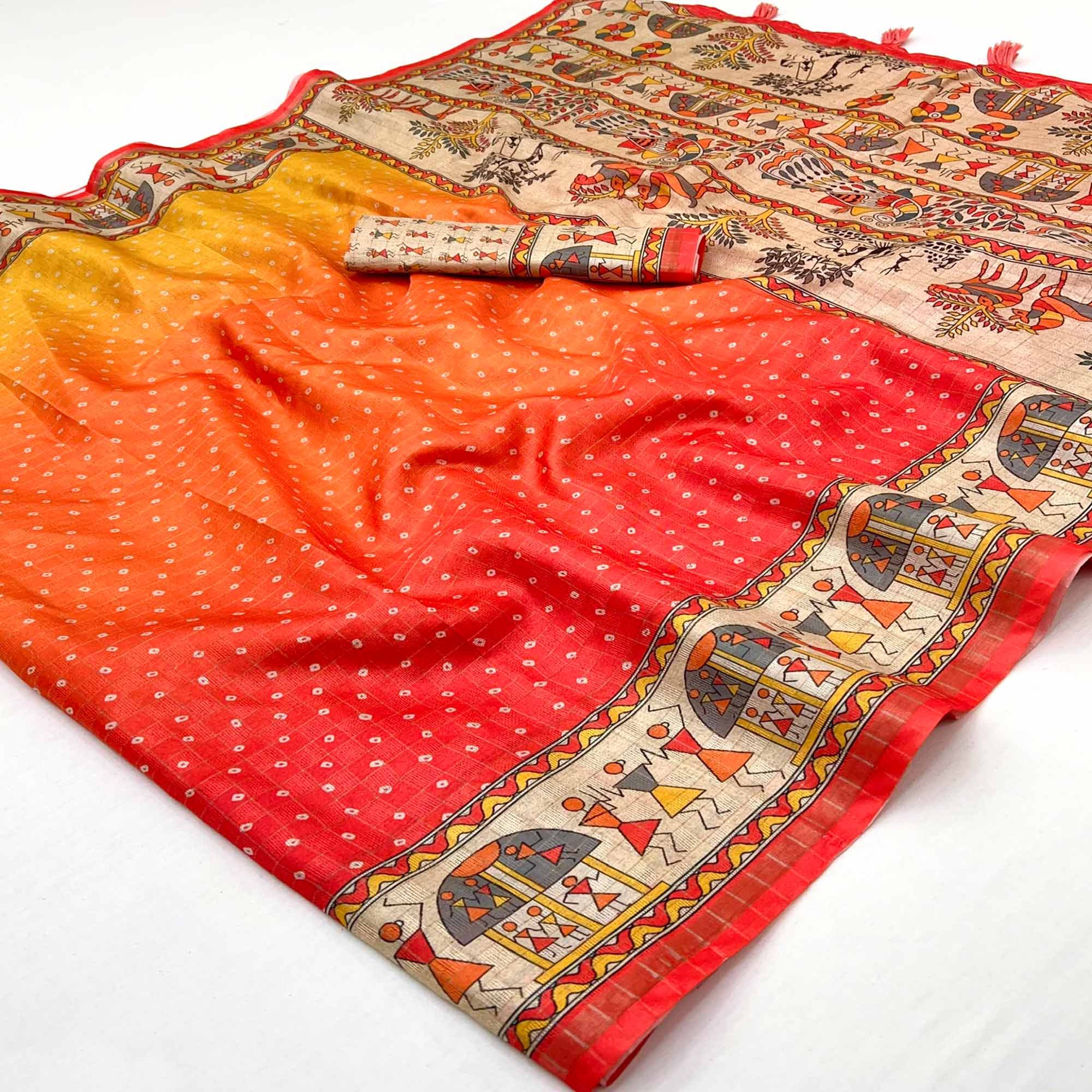 Multicolor Bandhani Printed Maheshwari Cotton Silk Saree for Festive Charm