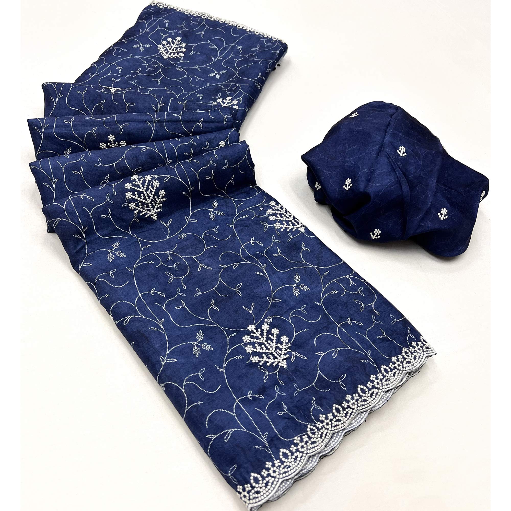 Blue Floral Embroidered Dola Silk Saree