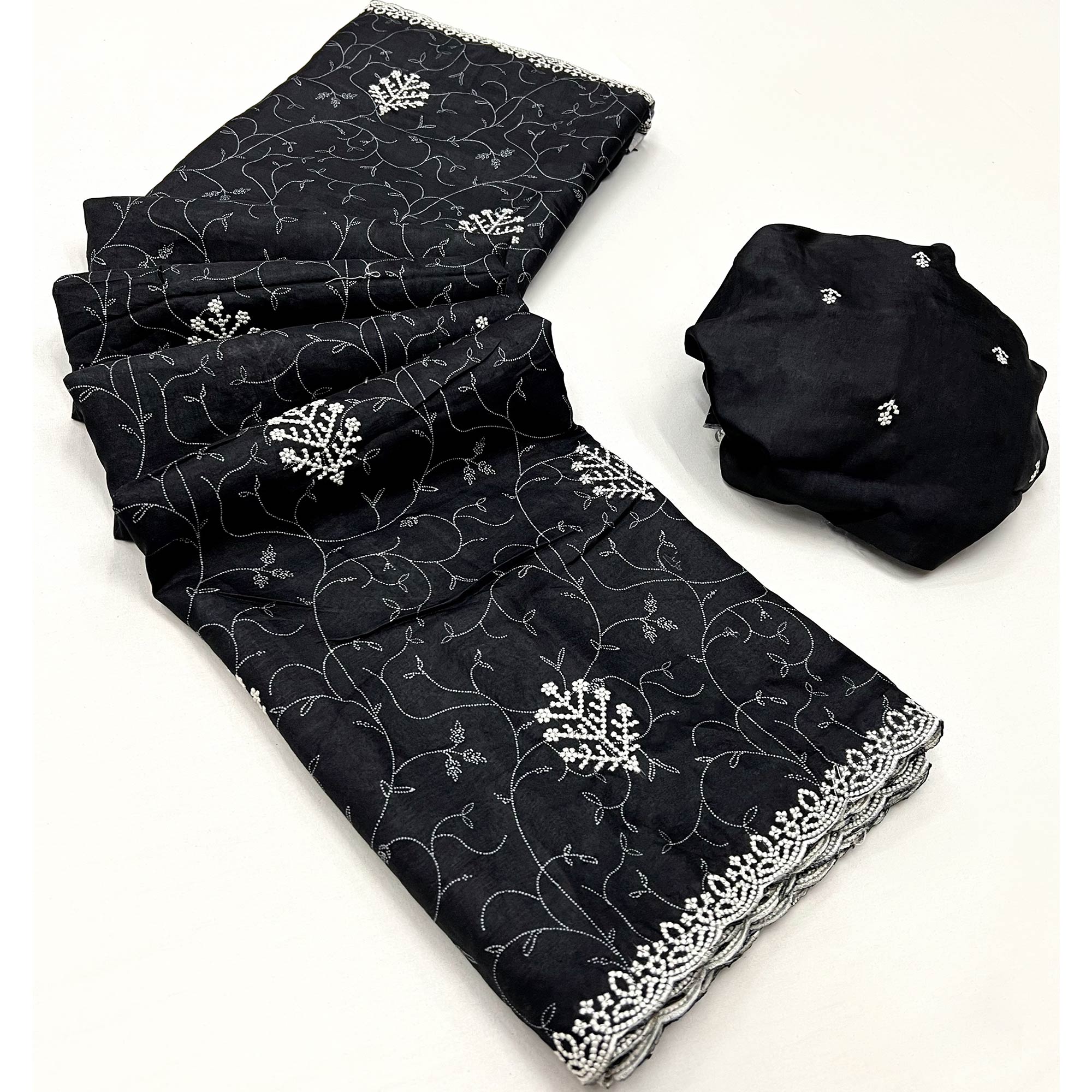 Black Floral Embroidered Dola Silk Saree