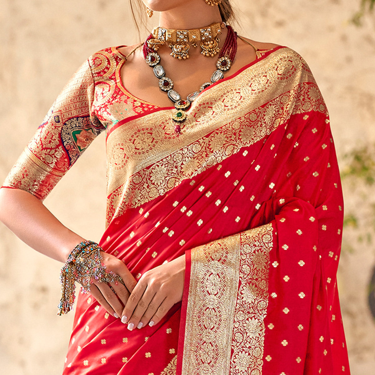 Red Floral Woven Banarasi Silk Saree With Tassels