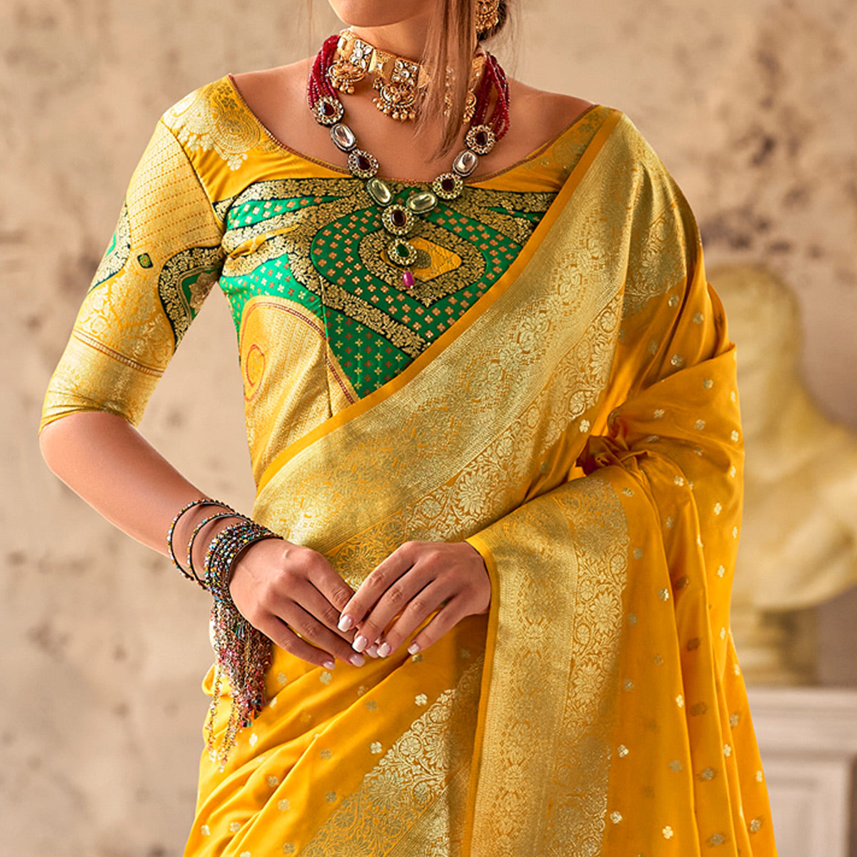 Yellow Floral Woven Banarasi Silk Saree With Tassels