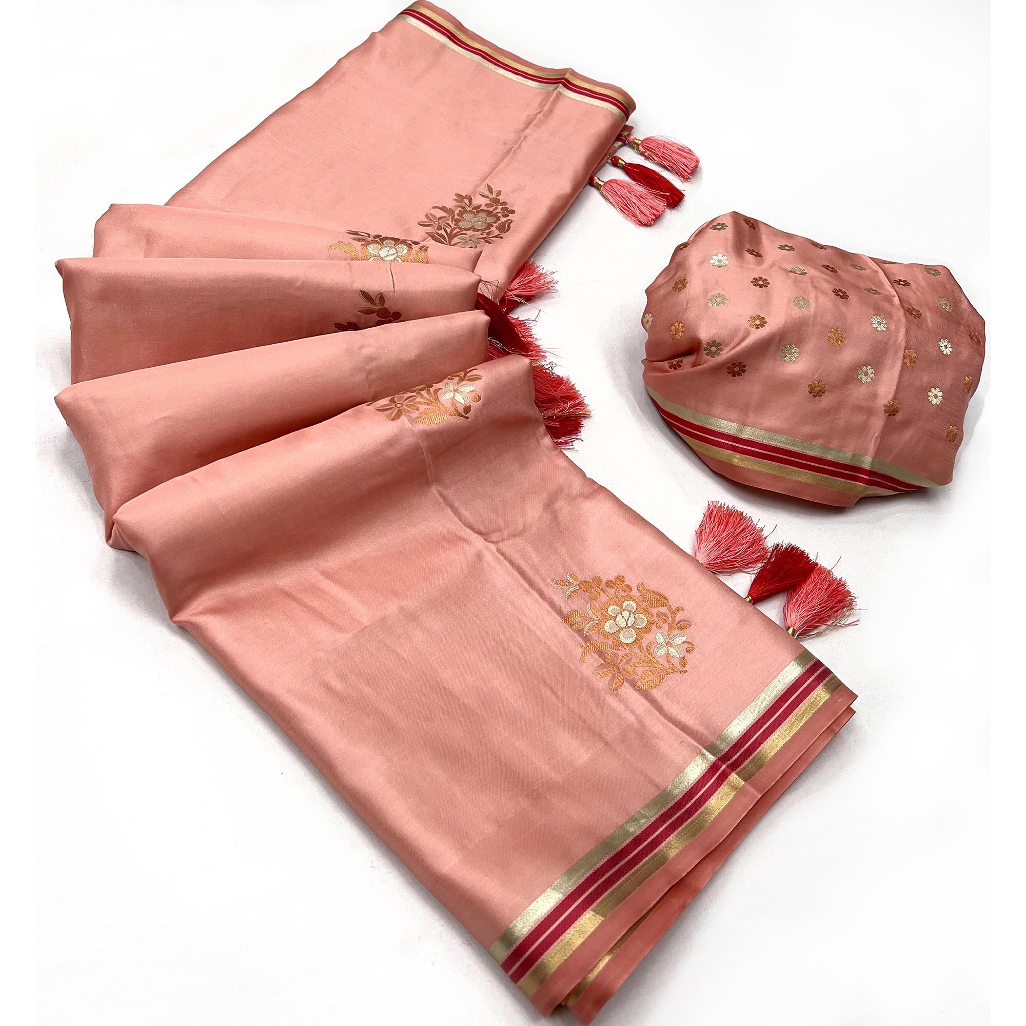 Peach Woven Satin Saree With Tassels