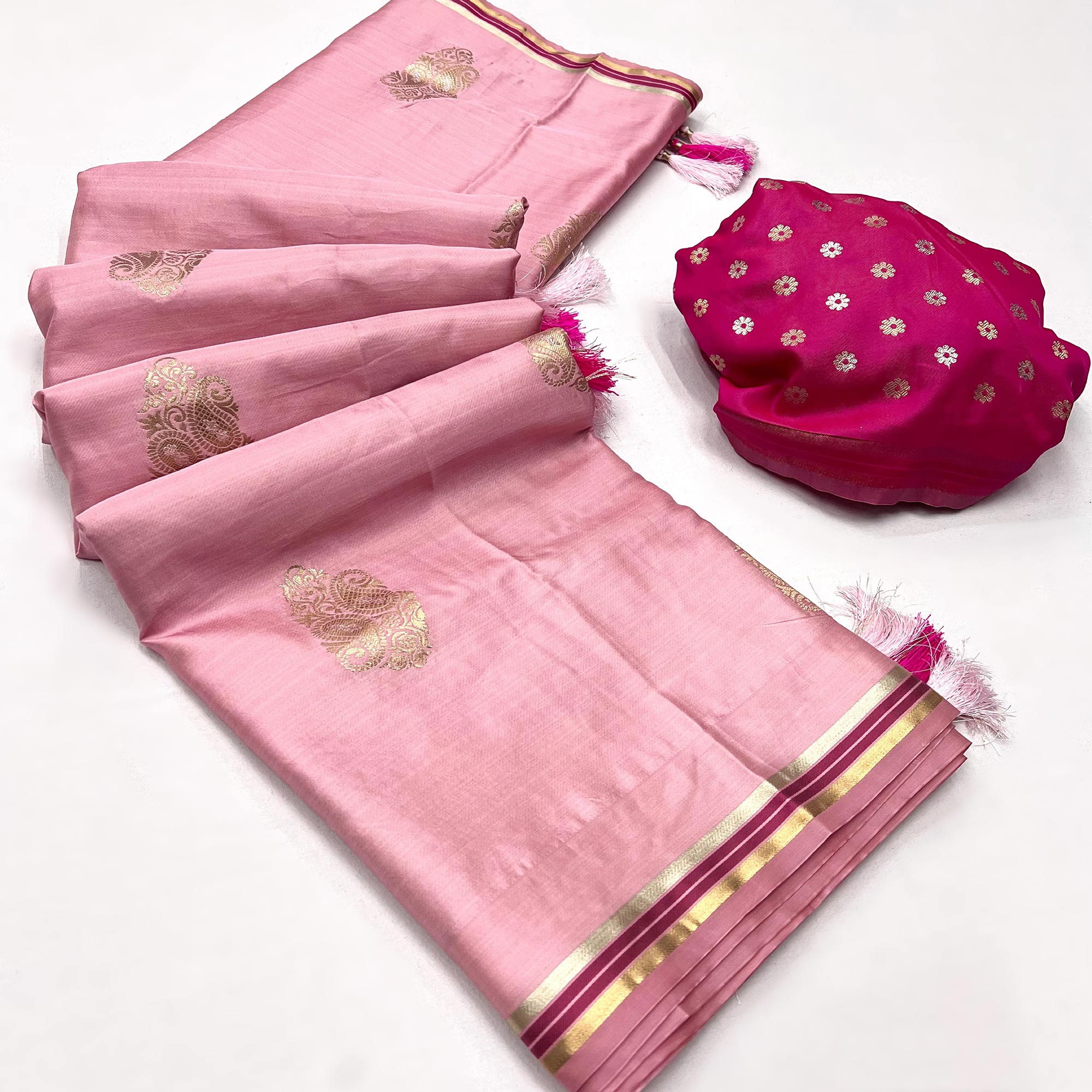 Pink Woven Satin Saree With Tassels