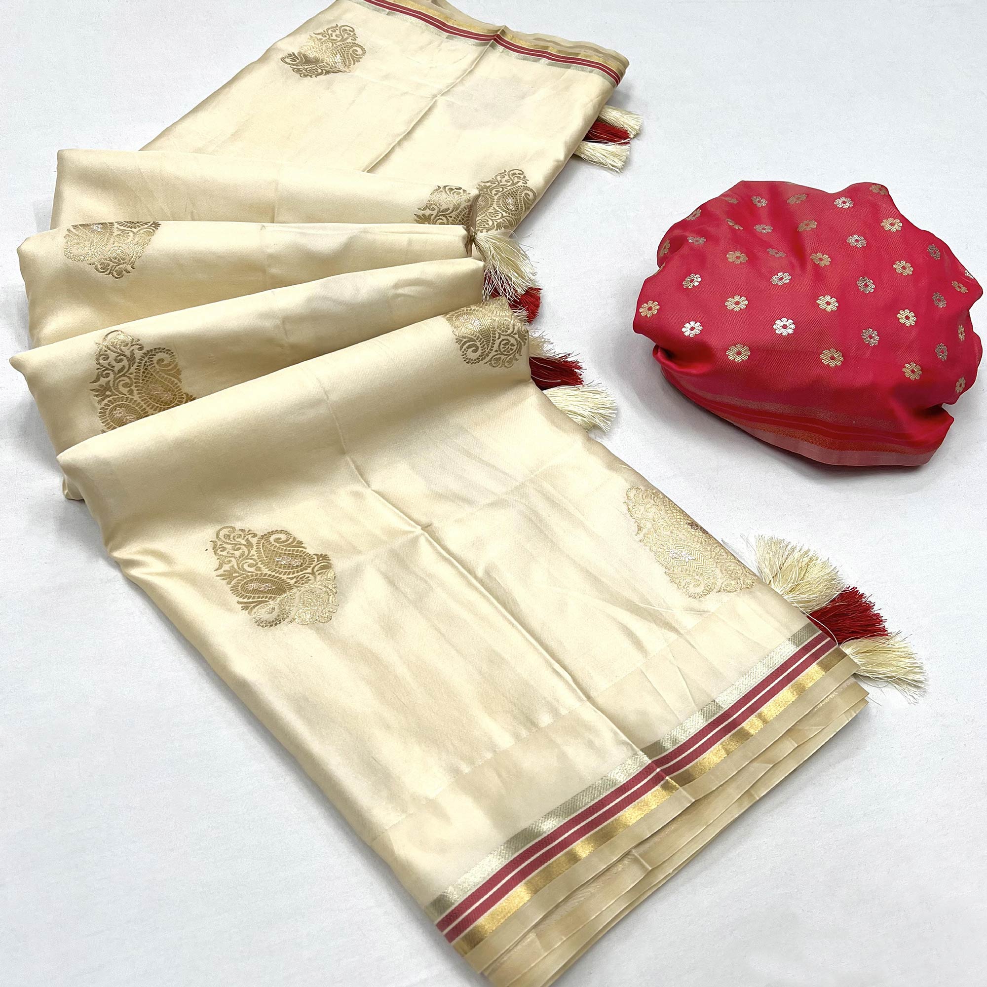 Cream Woven Satin Saree With Tassels