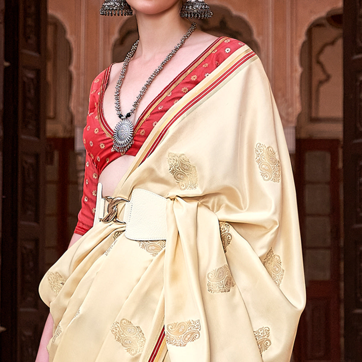 Cream Woven Satin Saree With Tassels