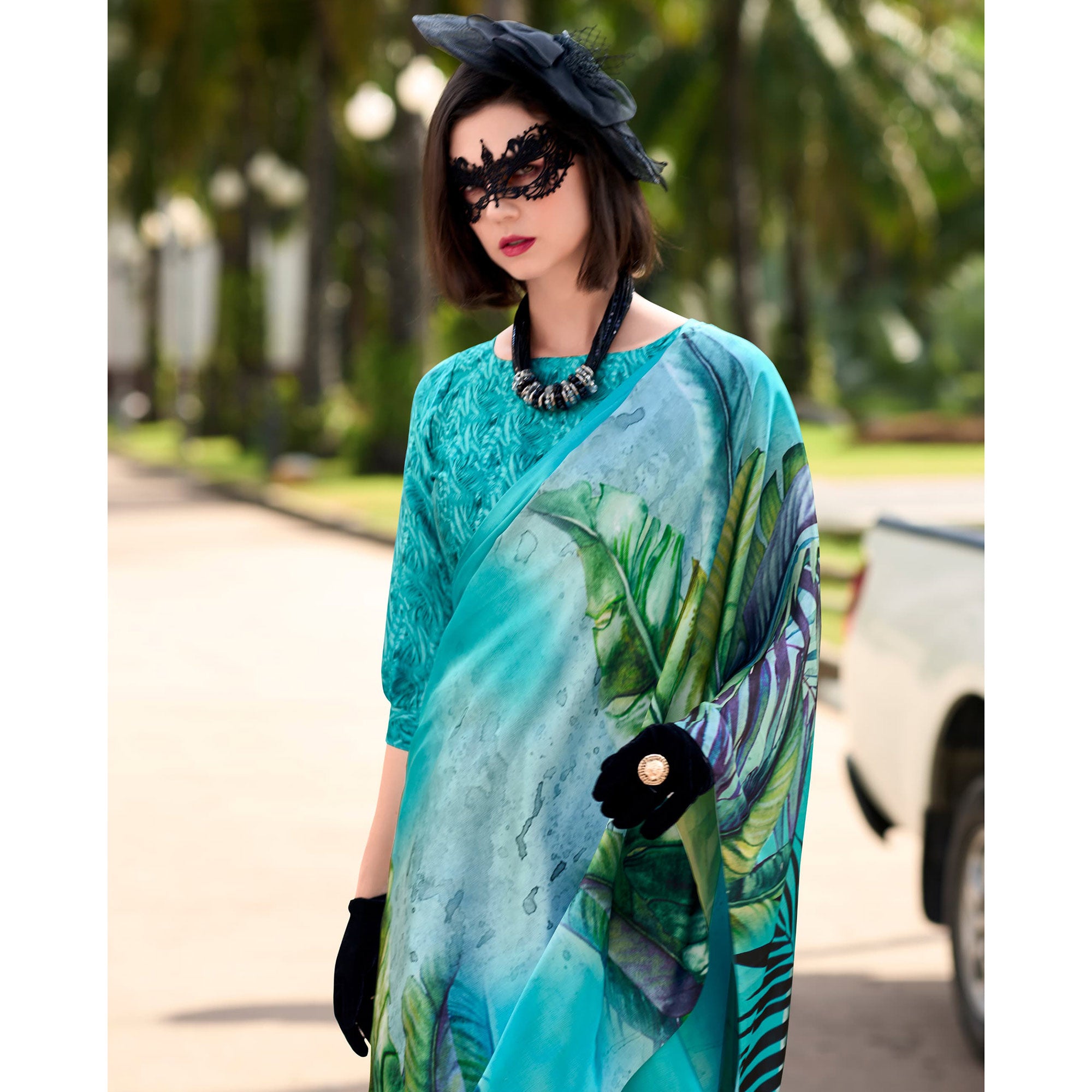 Turquoise Digital Printed Pure Satin Saree