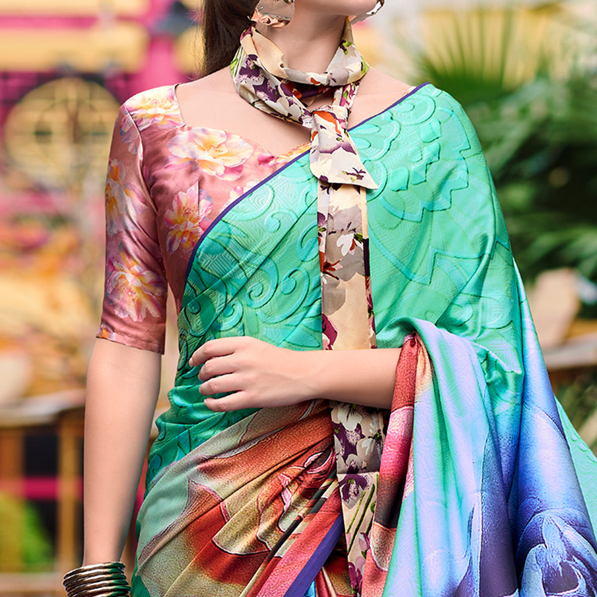 Turquoise & Blue Digital Printed Pure Satin Saree