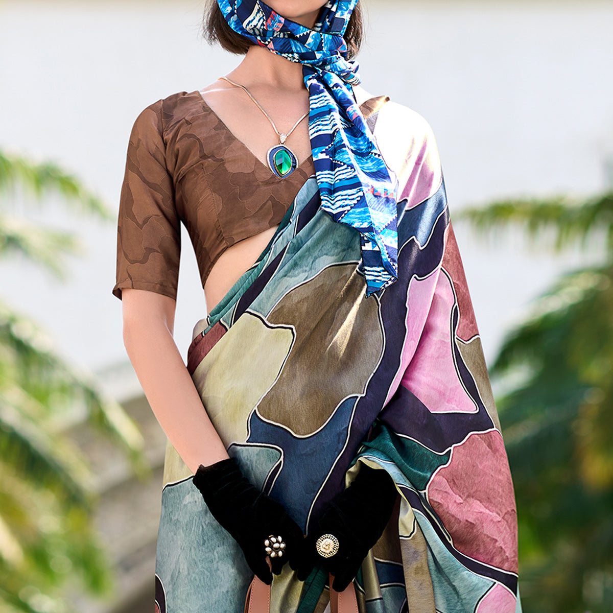 Multicolor Digital Printed Pure Satin Saree