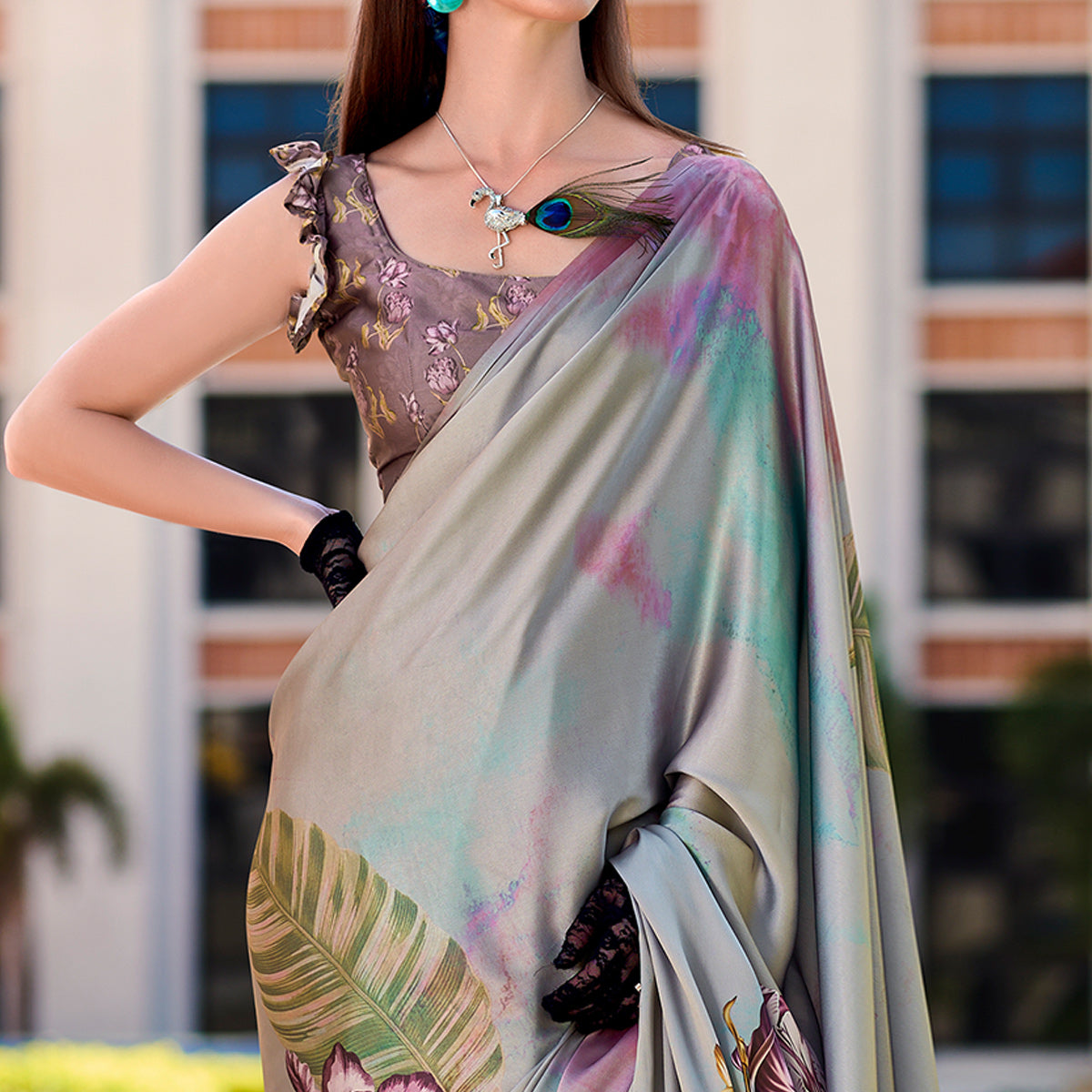 Grey Floral Digital Printed Pure Satin Saree