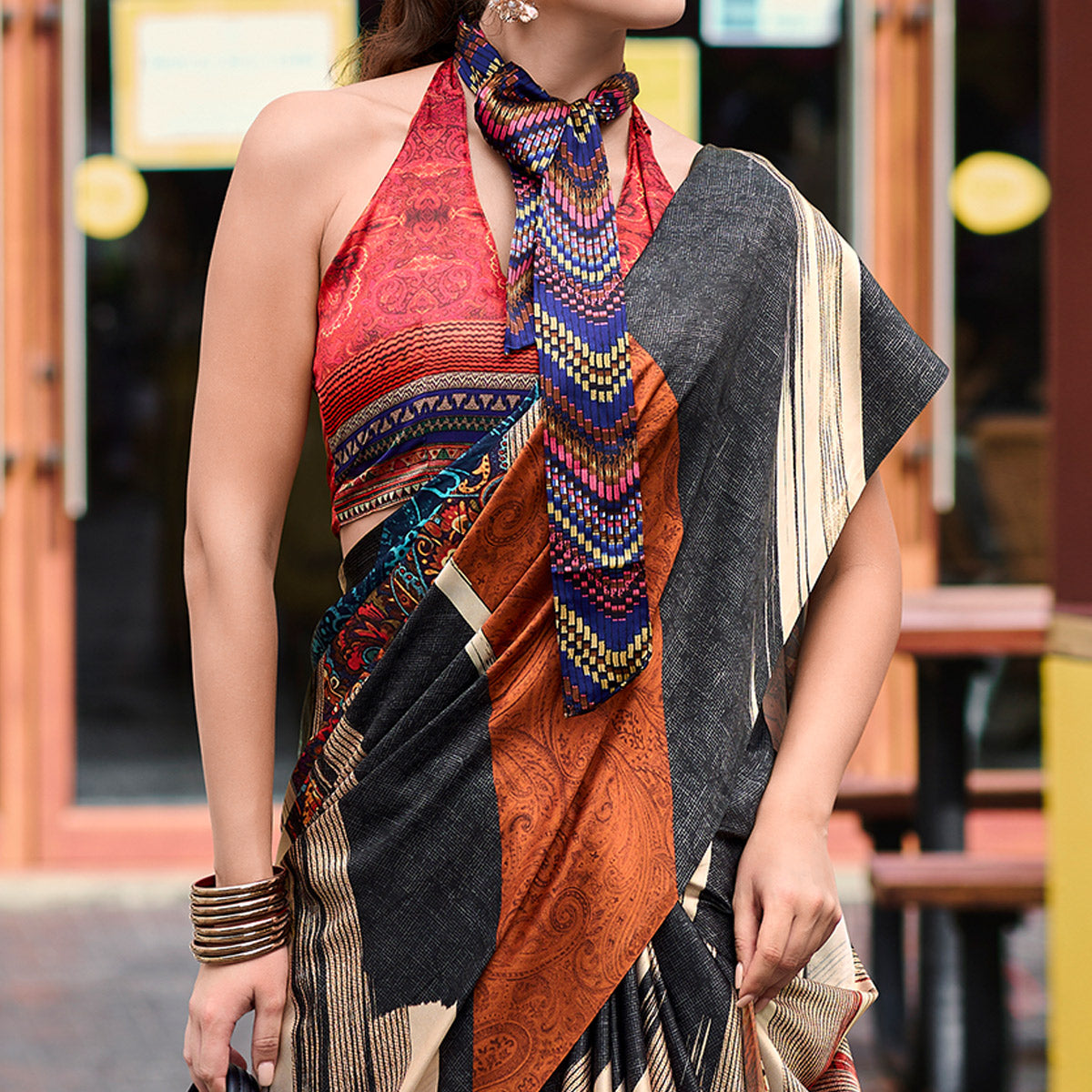 Multicolor Striped Digital Printed Pure Satin Saree