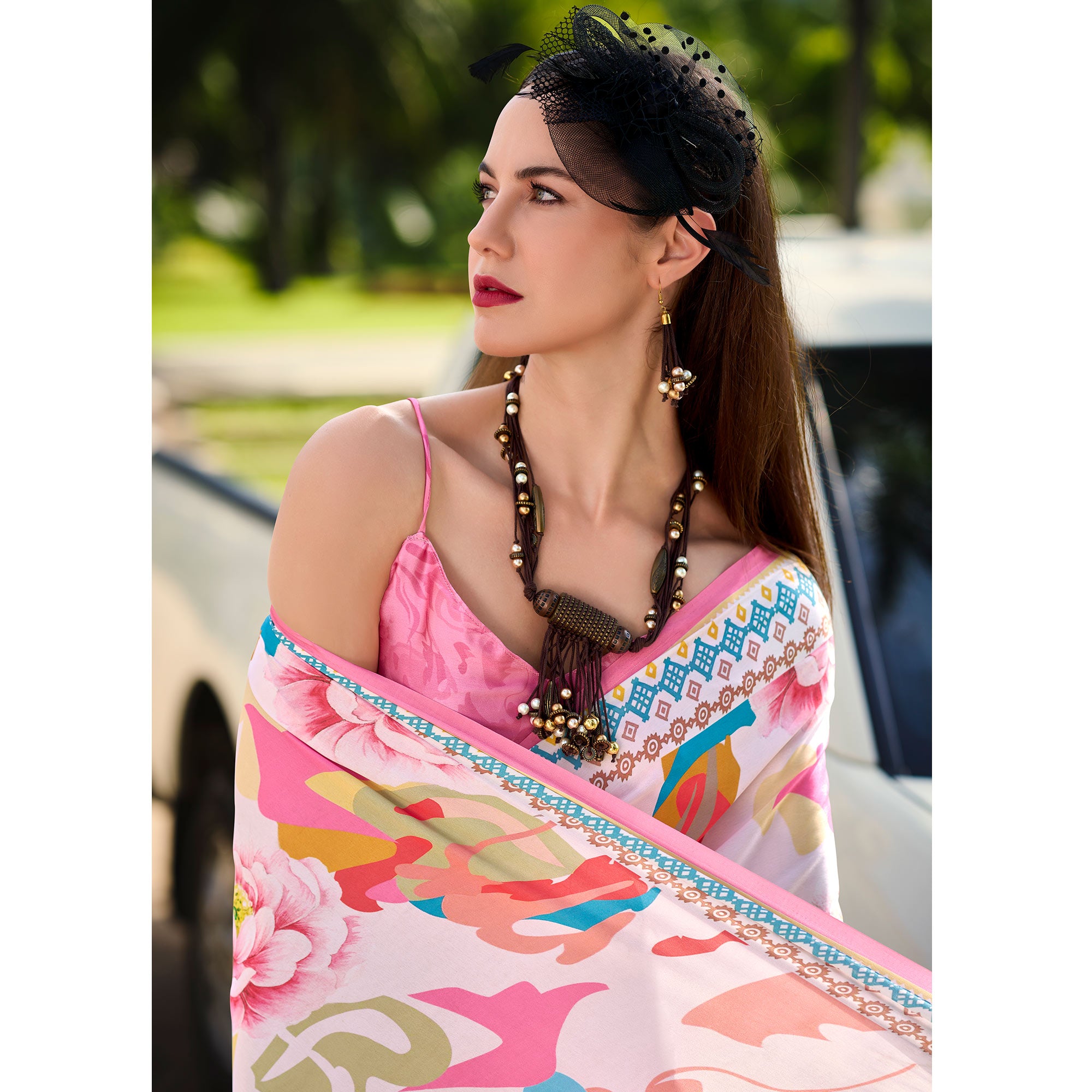 Light Pink Floral Digital Printed Pure Satin Saree