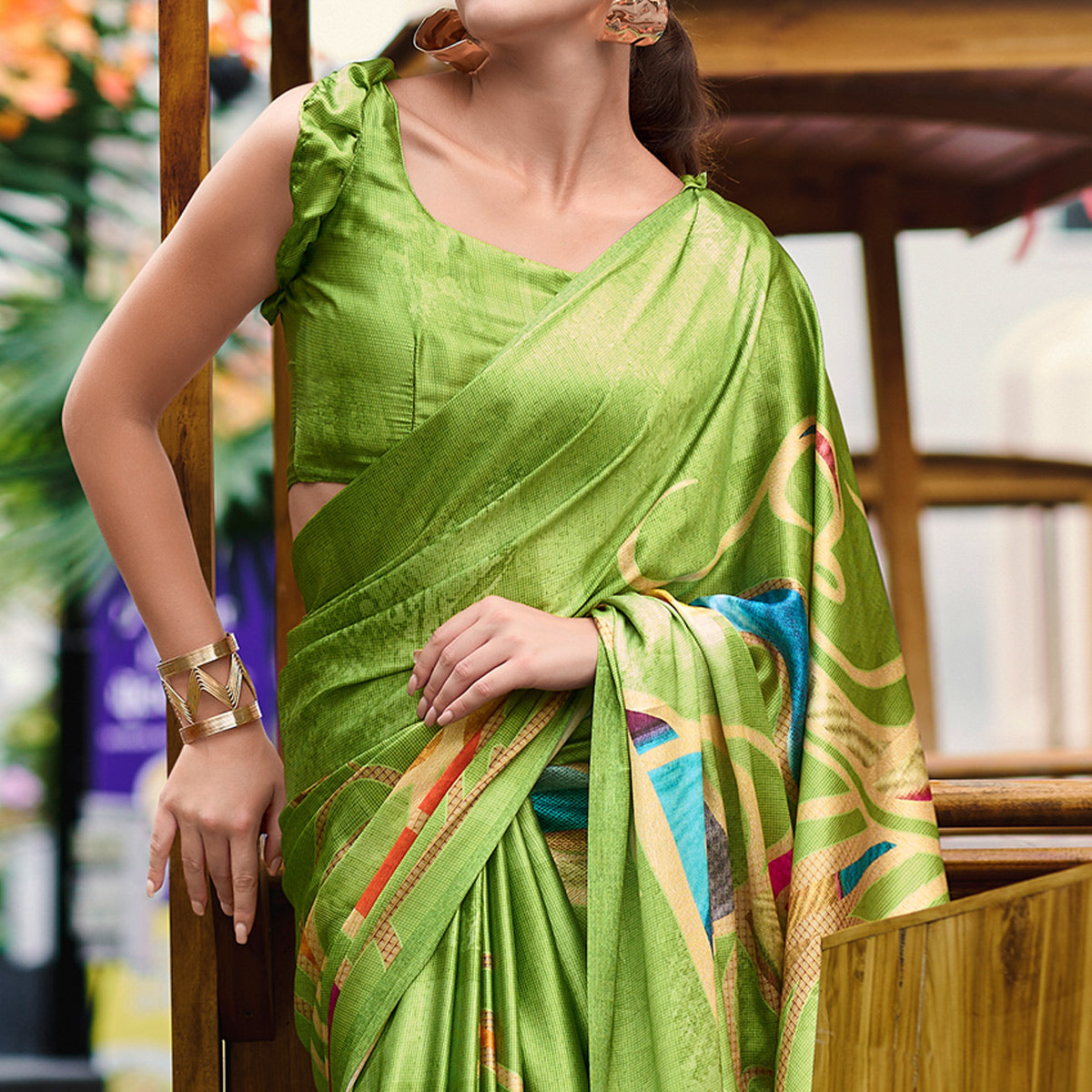 Green Digital Printed Pure Satin Saree