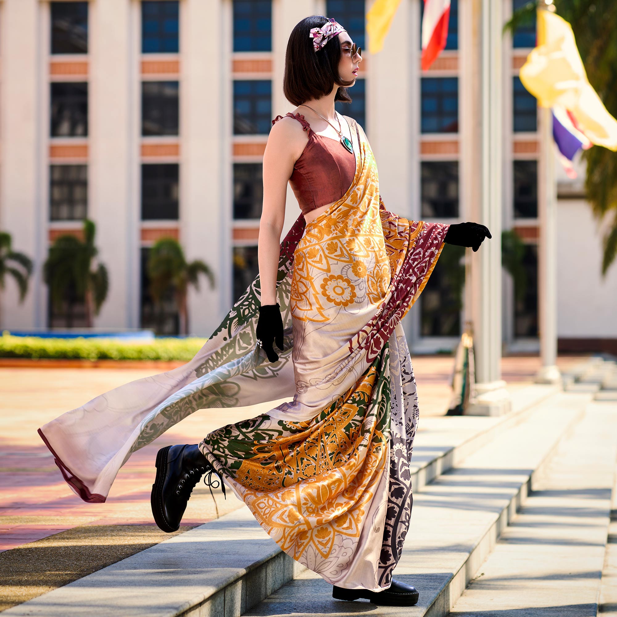 Peach Floral Digital Printed Pure Satin Saree