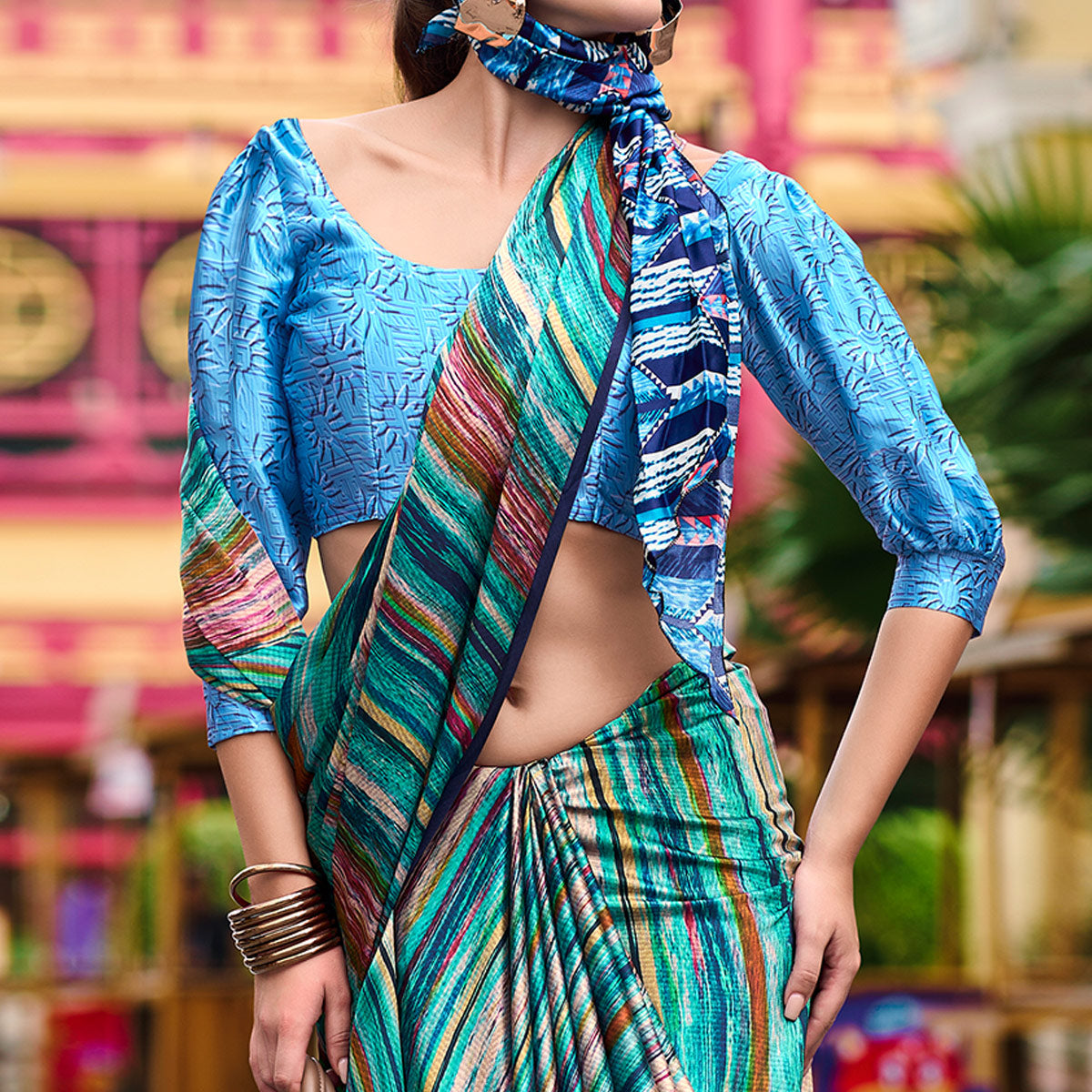 Rama Green Striped Digital Printed Pure Satin Saree