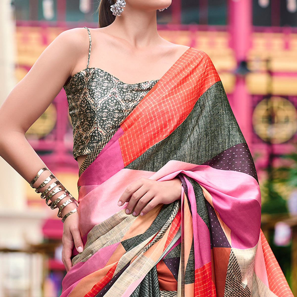 Grey Geometric Digital Printed Pure Satin Saree