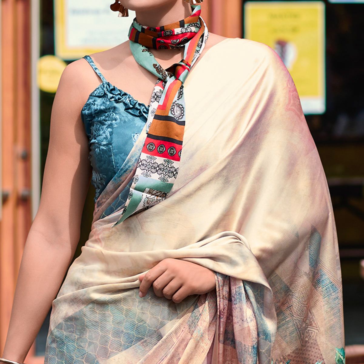 Beige Digital Printed Pure Satin Saree
