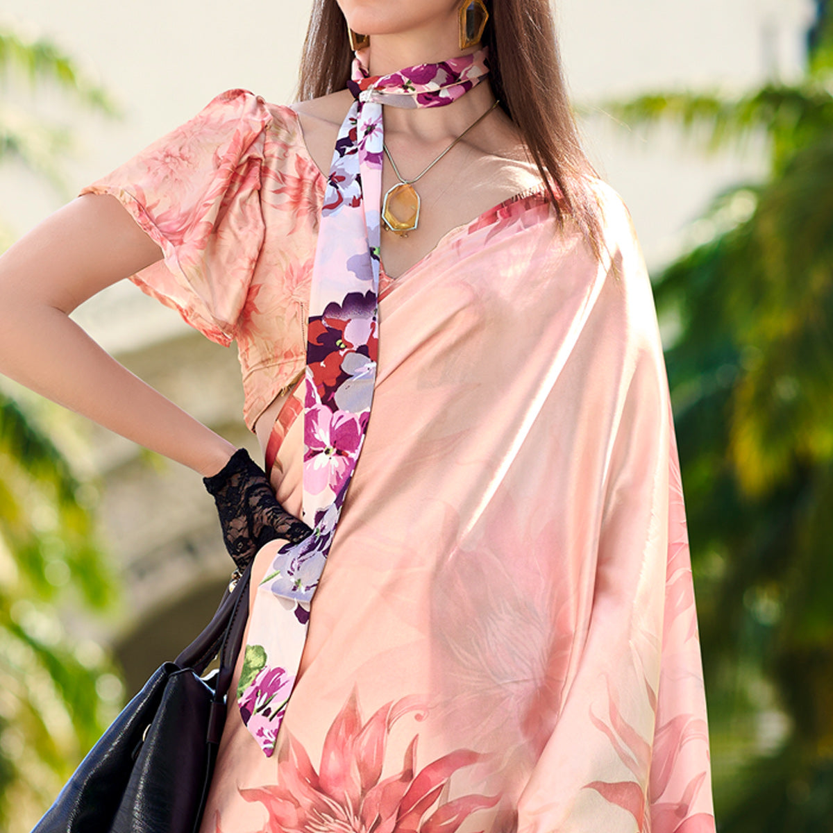 Peach Digital Printed Pure Satin Saree