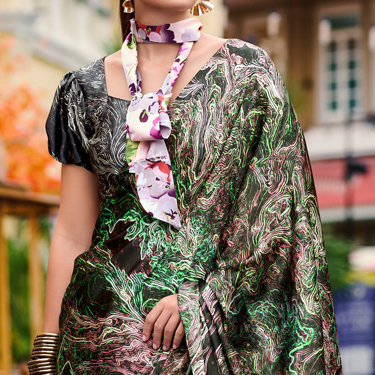 Green Digital Printed Pure Satin Saree