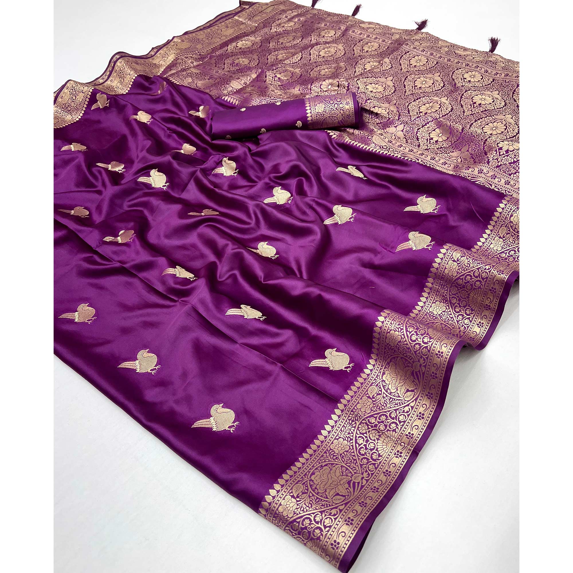 Purple Satin Silk Saree With Zari Woven Bird Motifs & Elegant Tassel Border