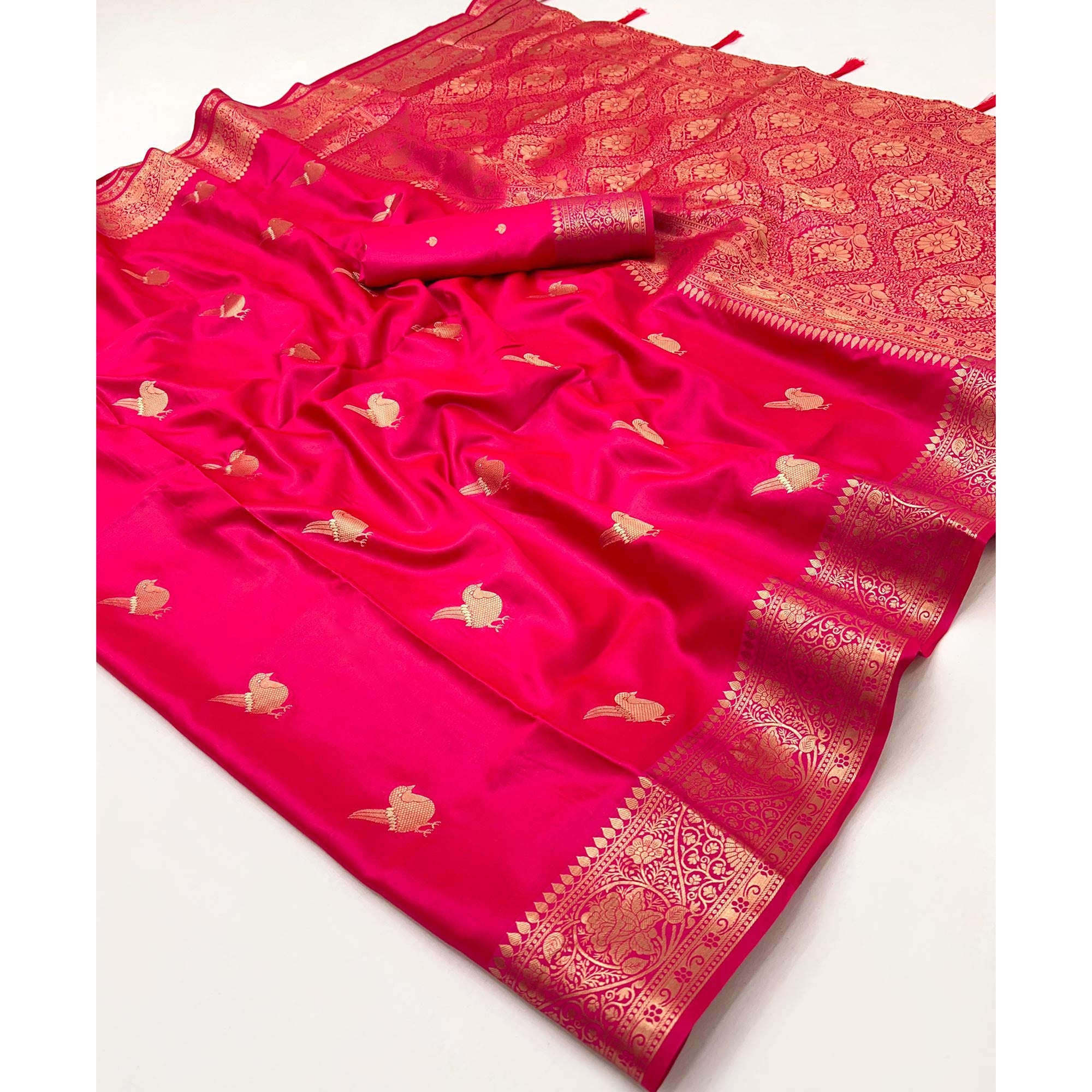 Pink Satin Silk Saree With Zari Woven Bird Motifs & Elegant Tassel Border