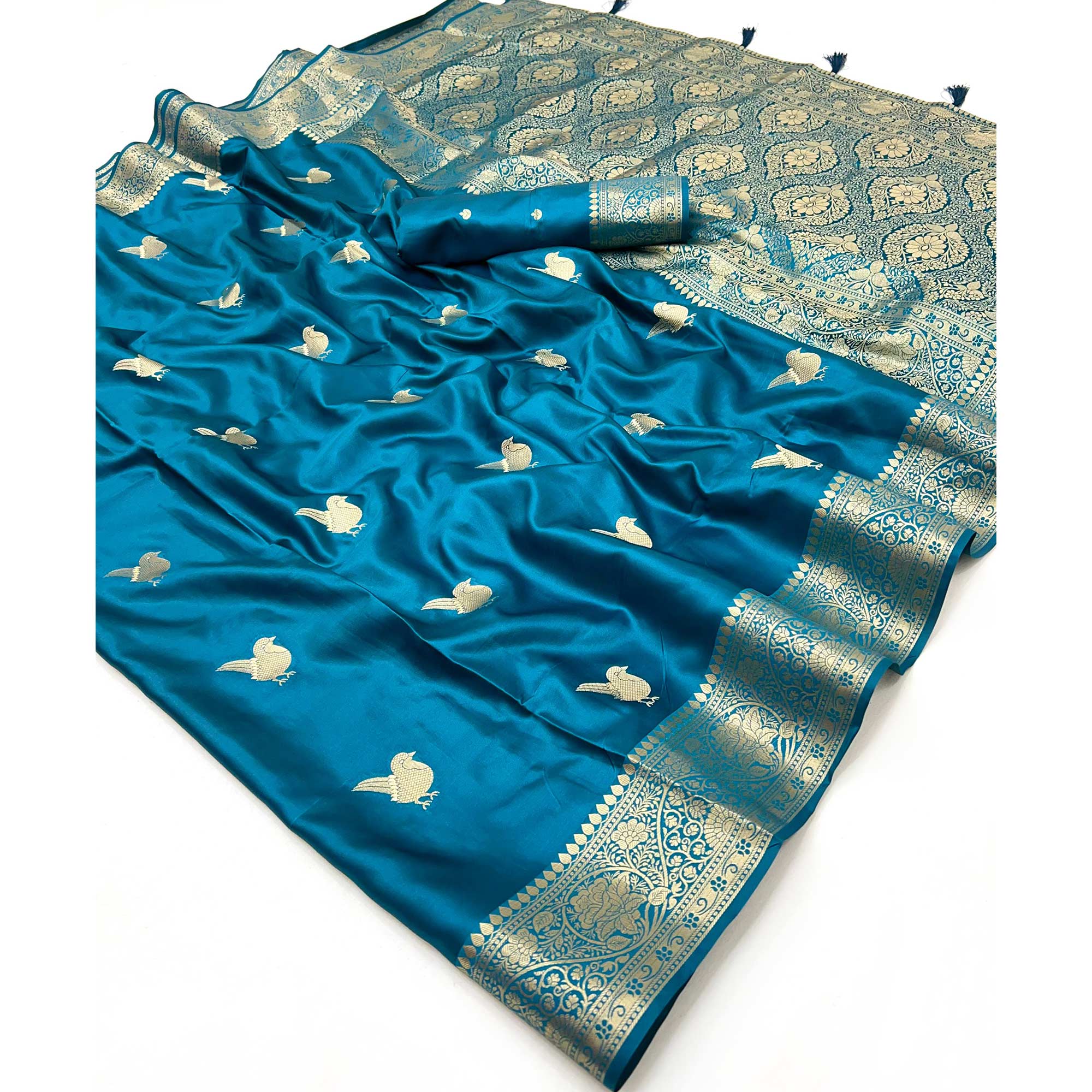 Blue Satin Silk Saree With Zari Woven Bird Motifs & Elegant Tassel Border