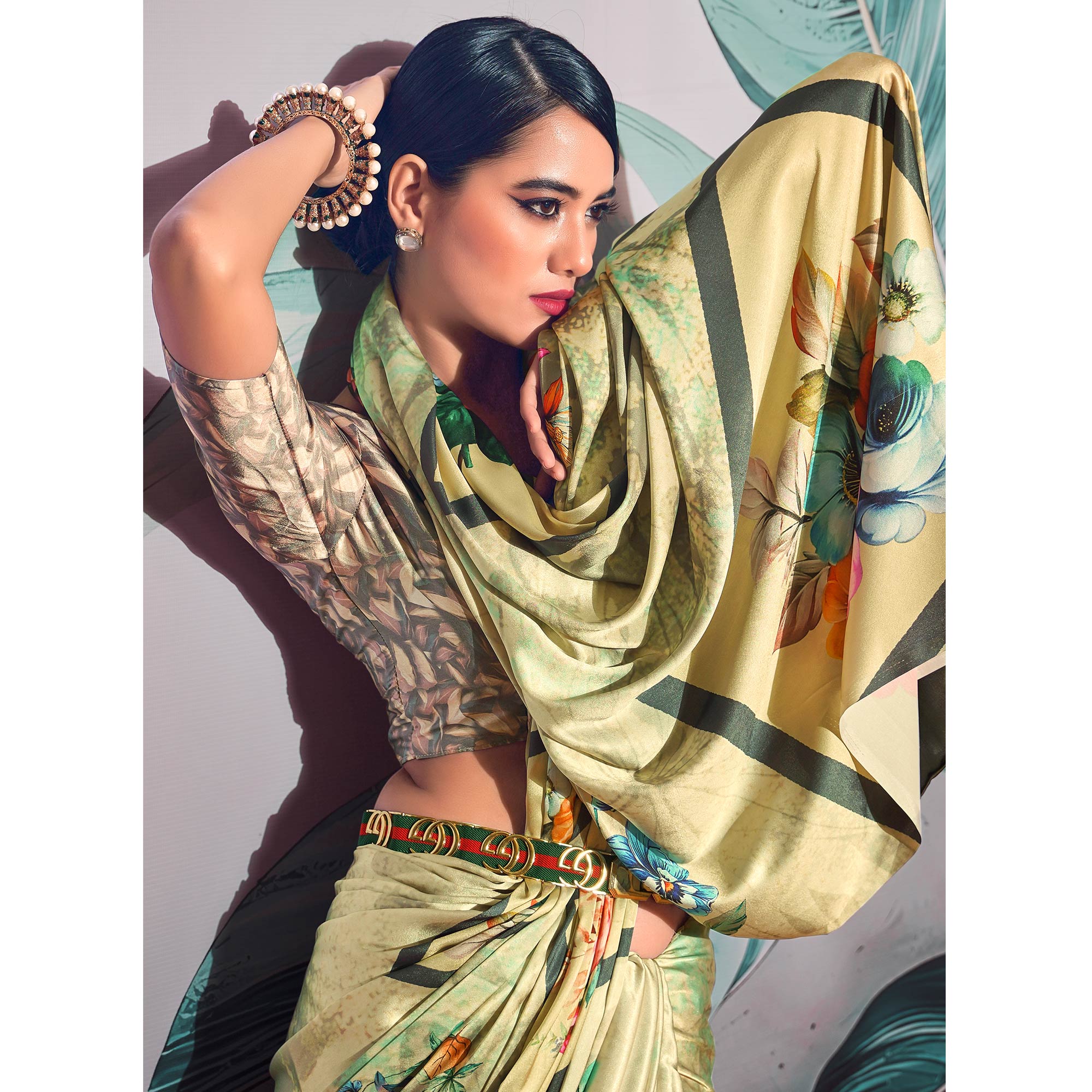 Light Green Digital Printed Satin Saree