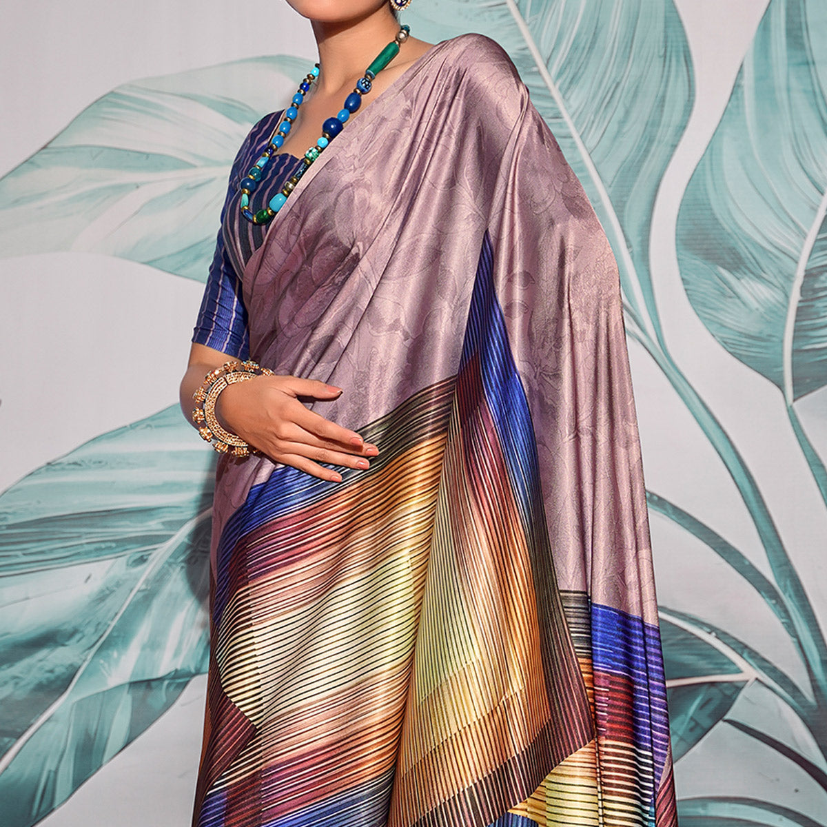 Multicolor Digital Printed Satin Saree