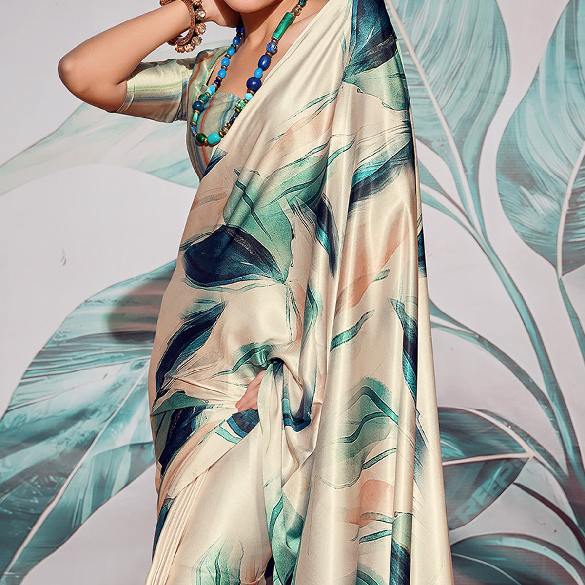 Off White Digital Printed Satin Saree