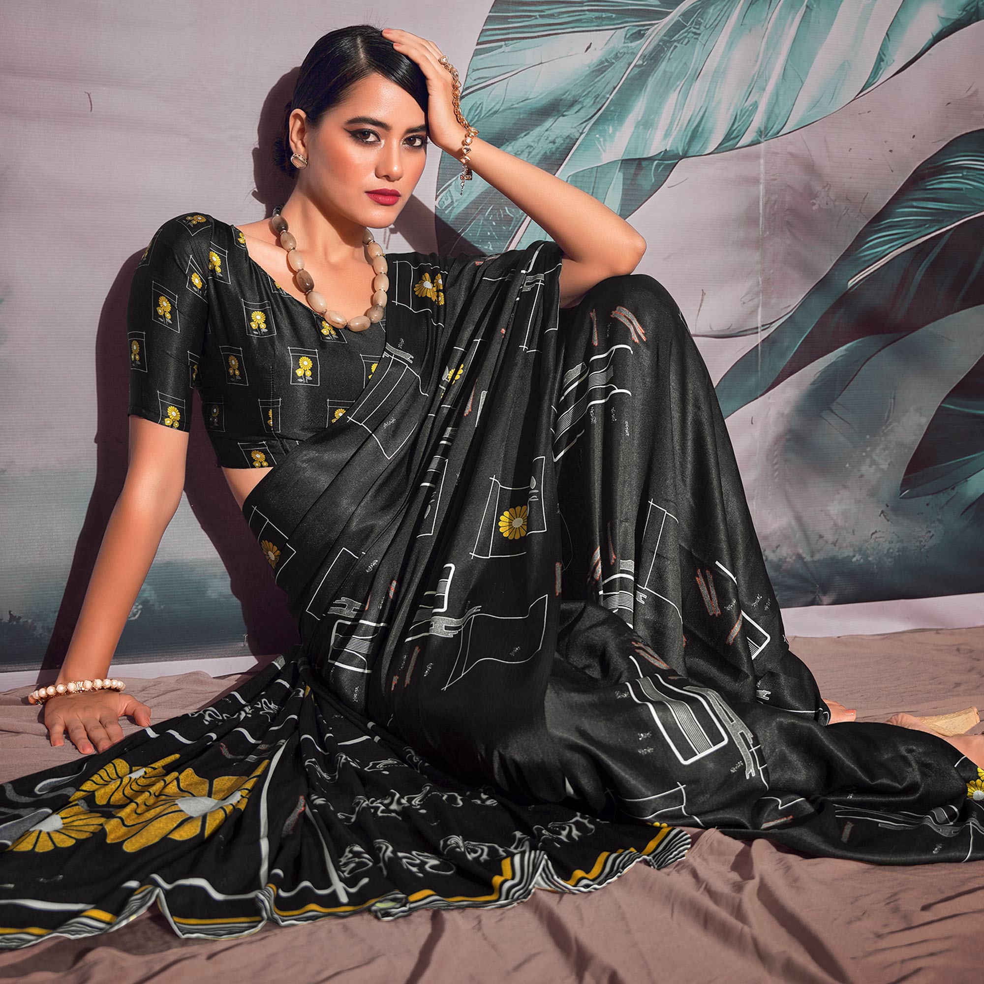 Black Digital Printed Satin Saree