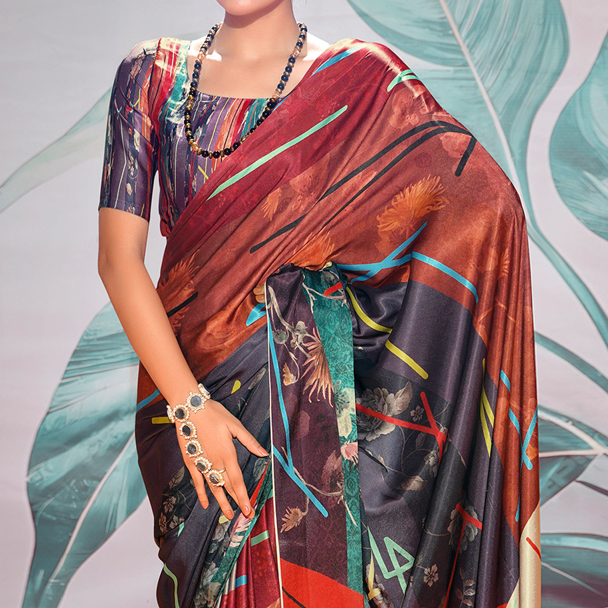 Multicolor Digital Printed Satin Saree