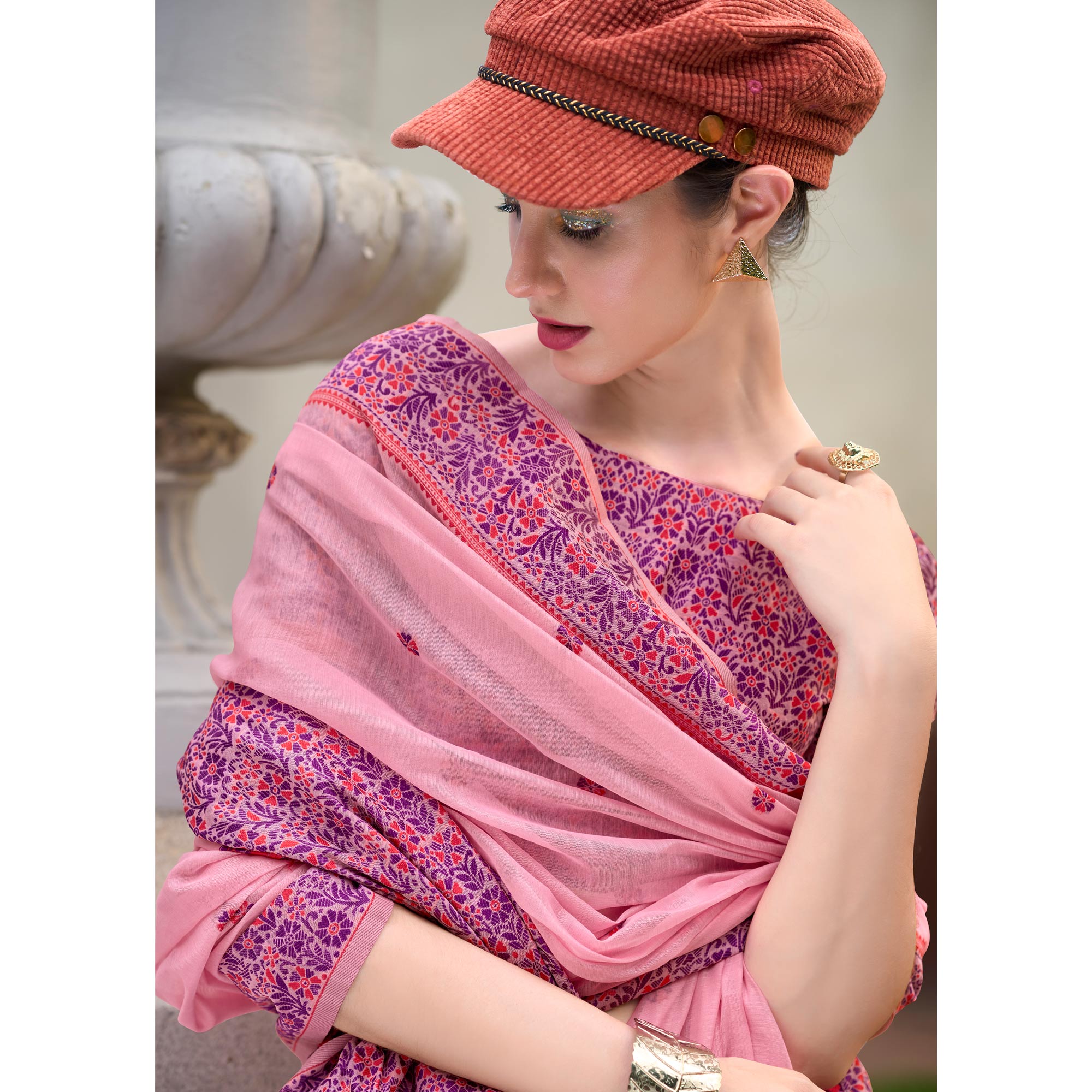 Pink Floral Woven linen Saree