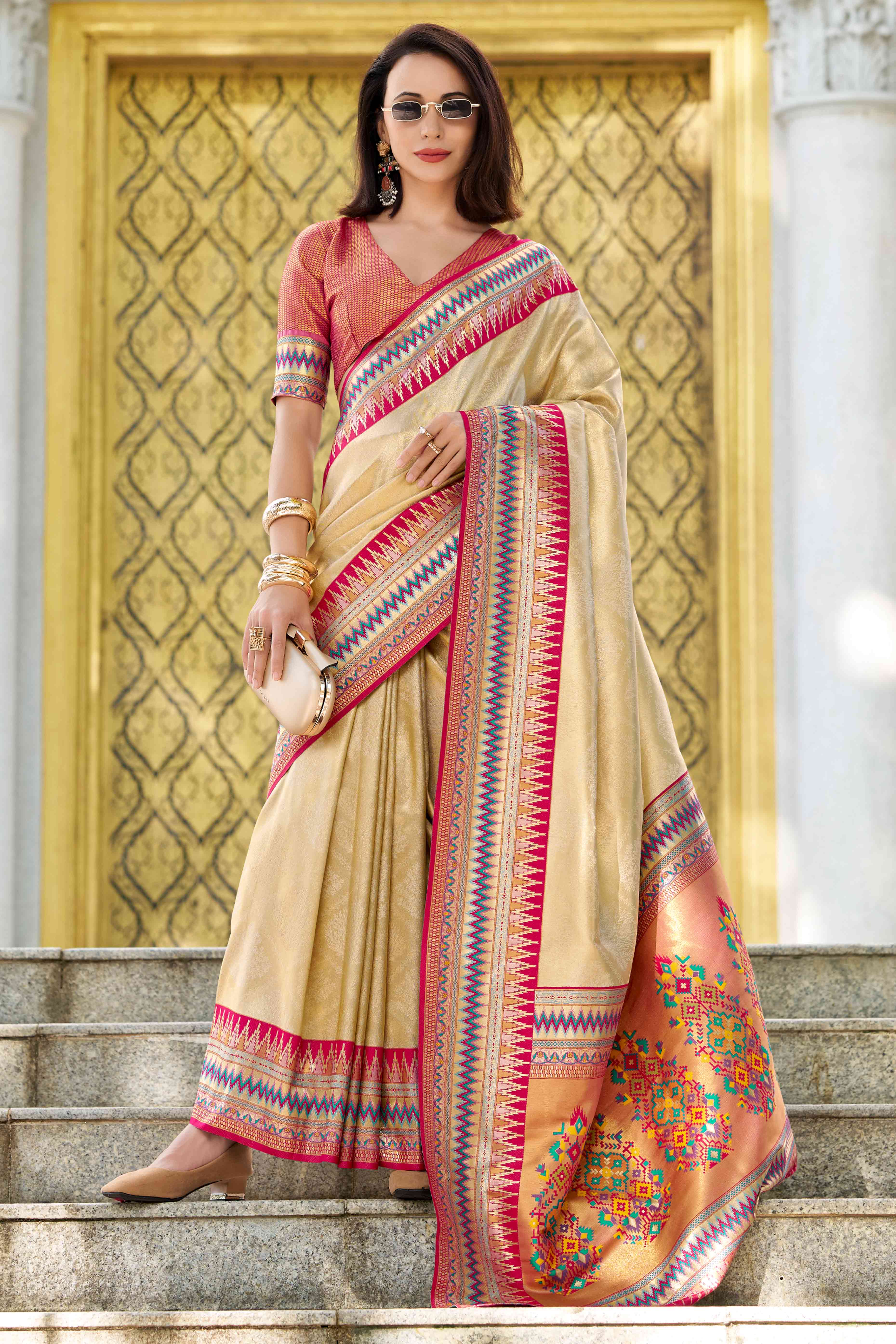 Beige Zari Weaving Tissue Silk Saree