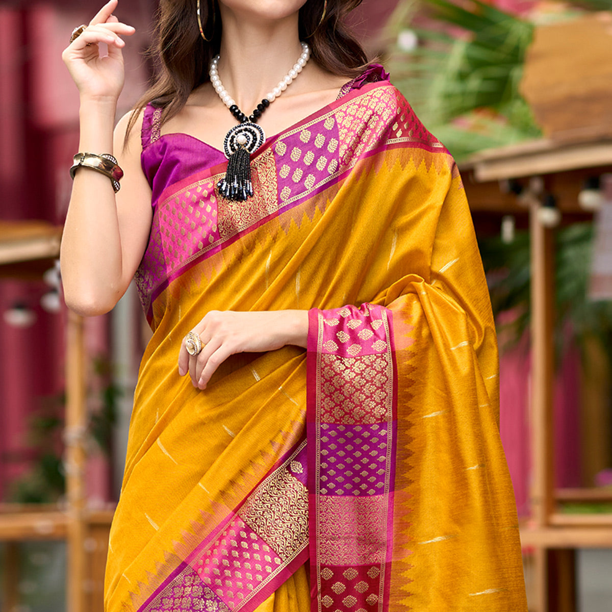 Mustard Zari Motifs Woven Soft Banarasi Silk Saree