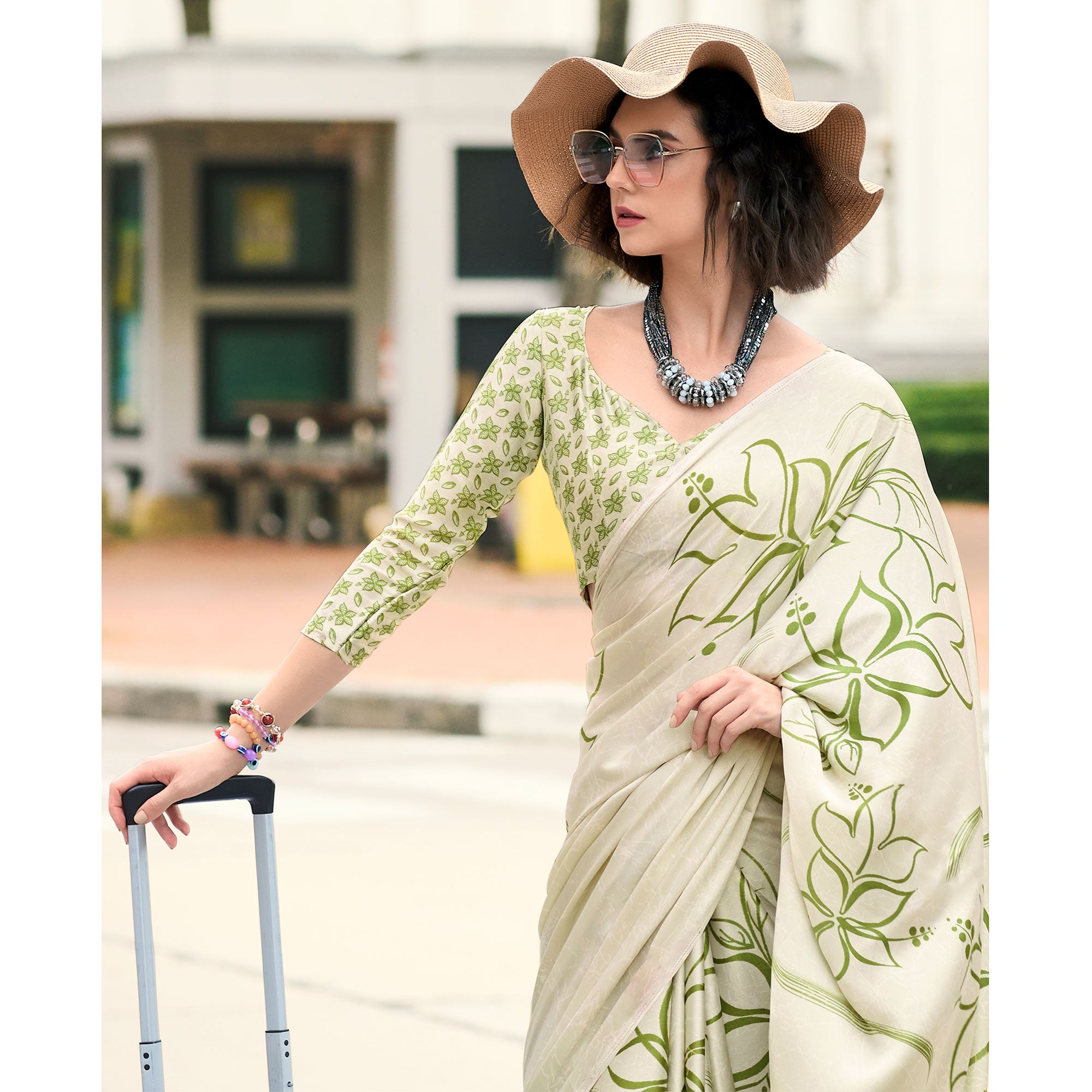 Offwhite Floral Printed Satin Saree