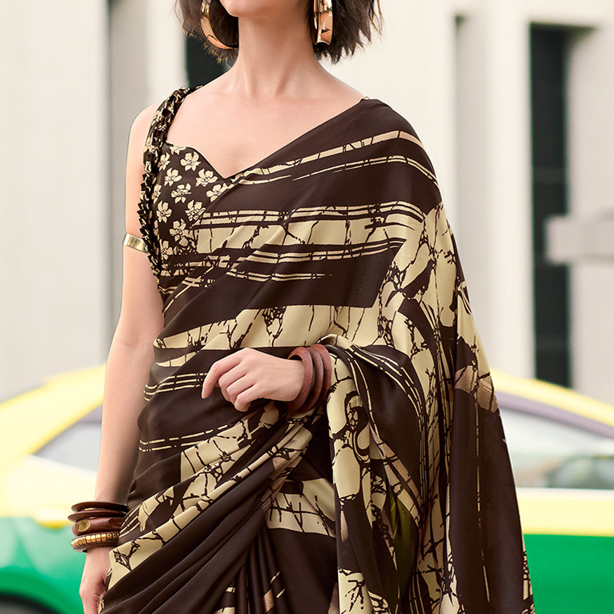 Brown Printed Satin Saree