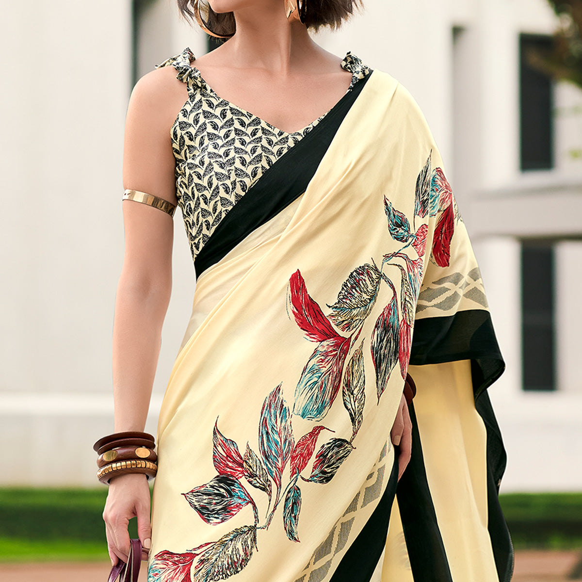 Light Yellow Floral Printed Satin Saree