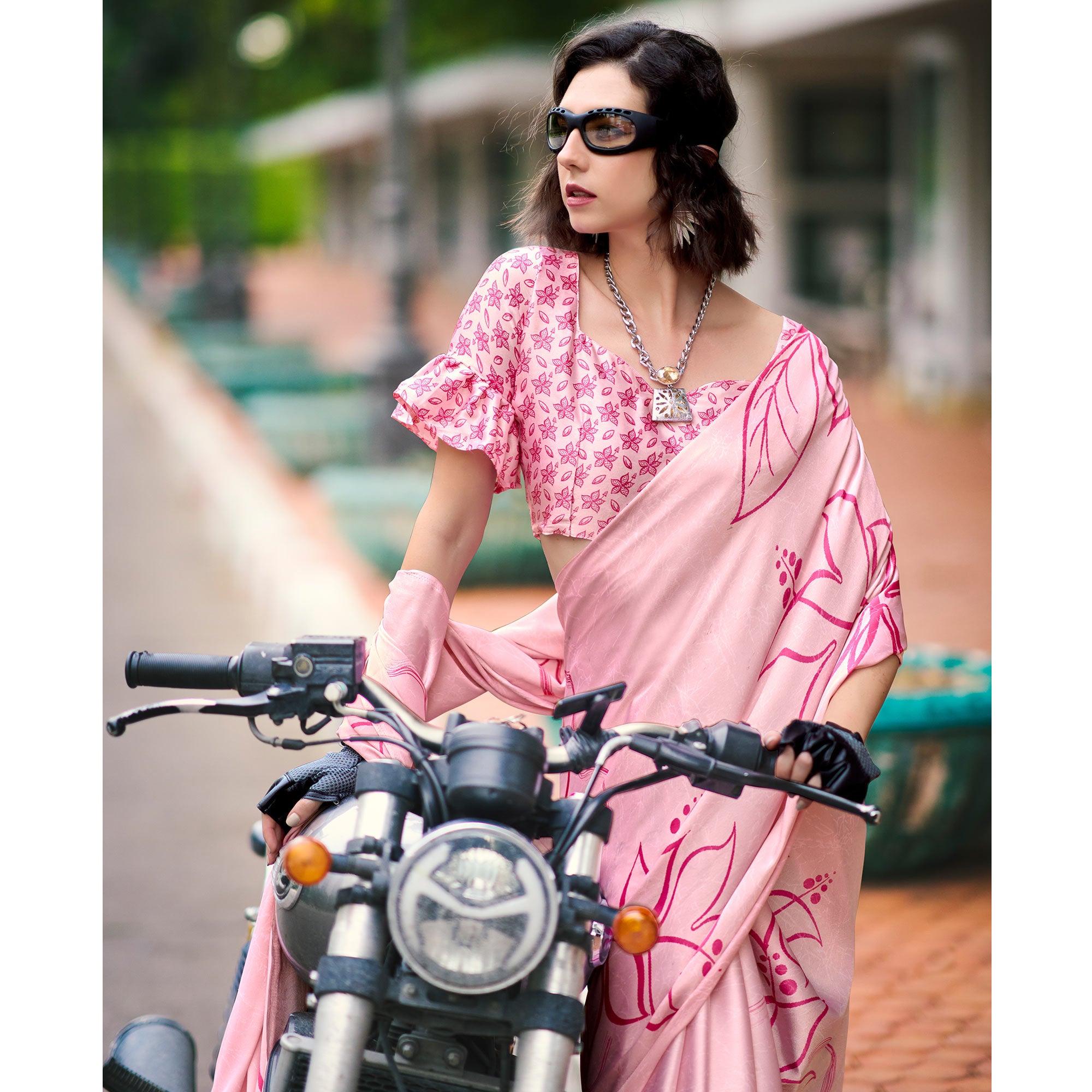 Light Pink Floral Printed Satin Saree