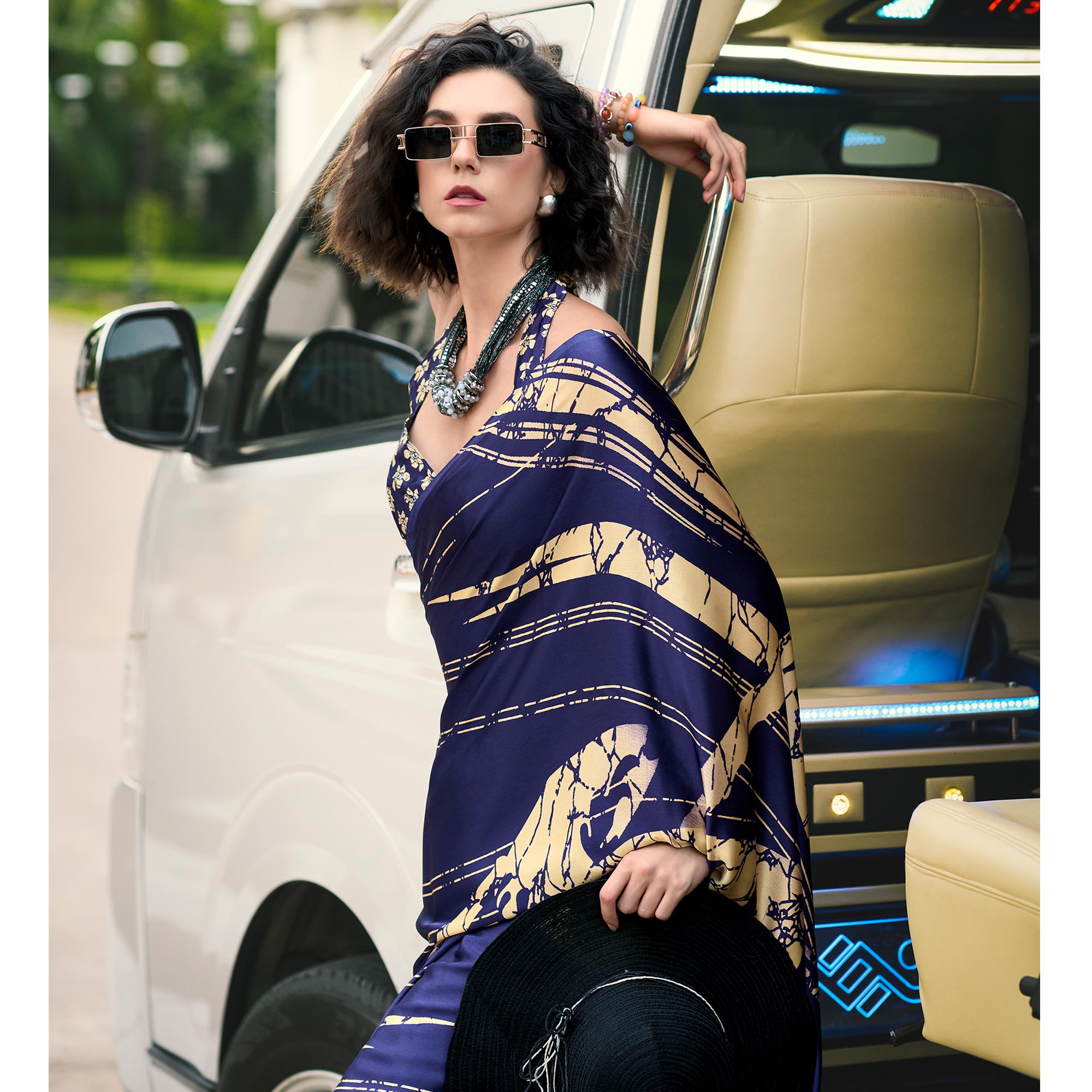 Navy Blue Printed Satin Saree