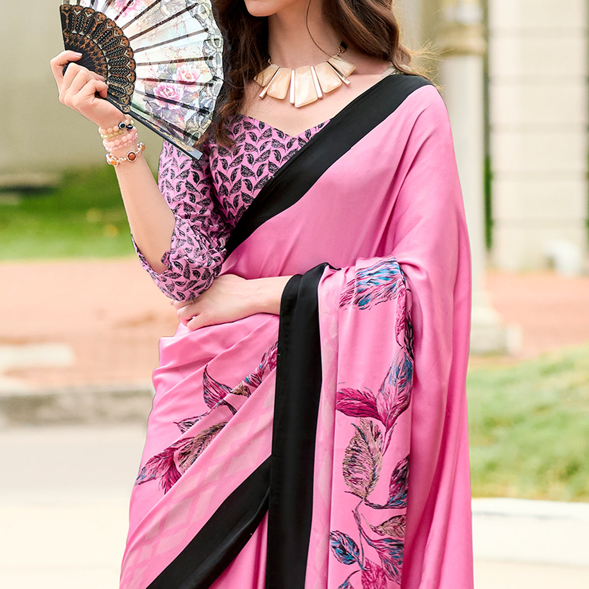 Pink Printed Satin Saree