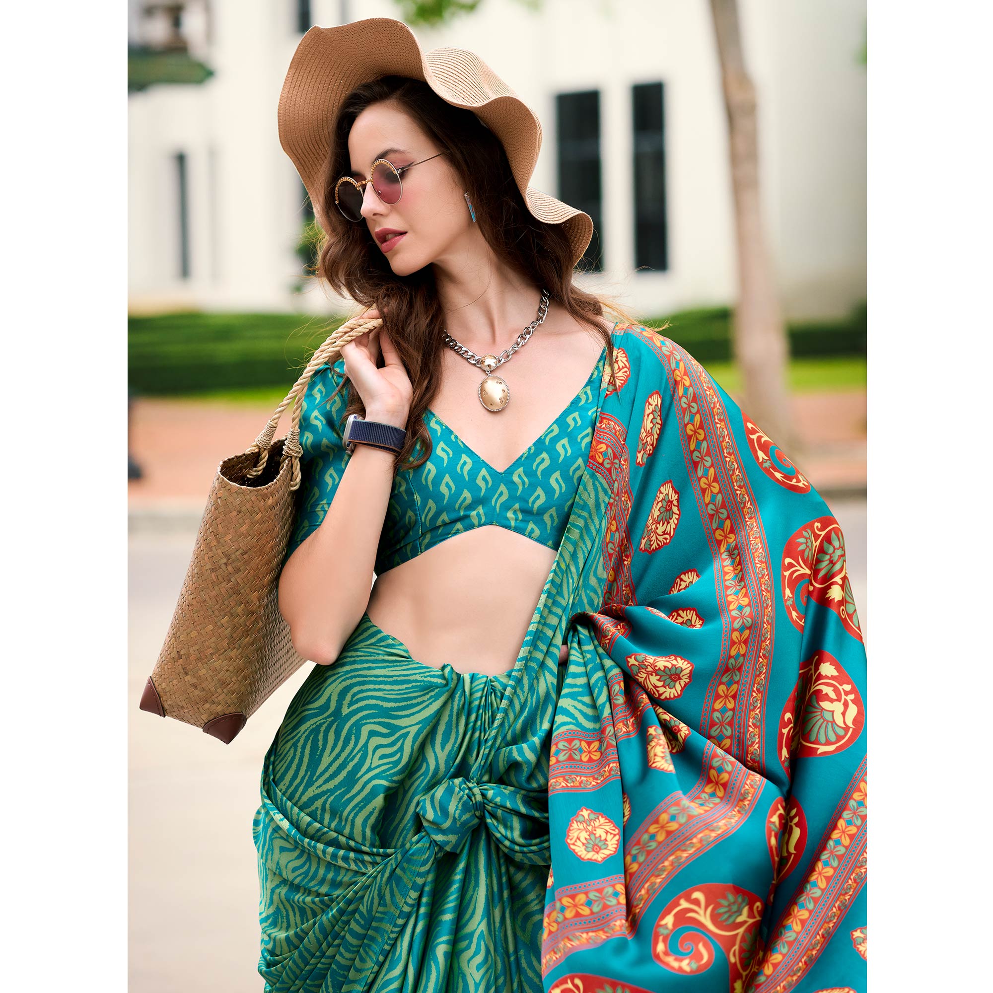 Rama Green Printed Satin Saree