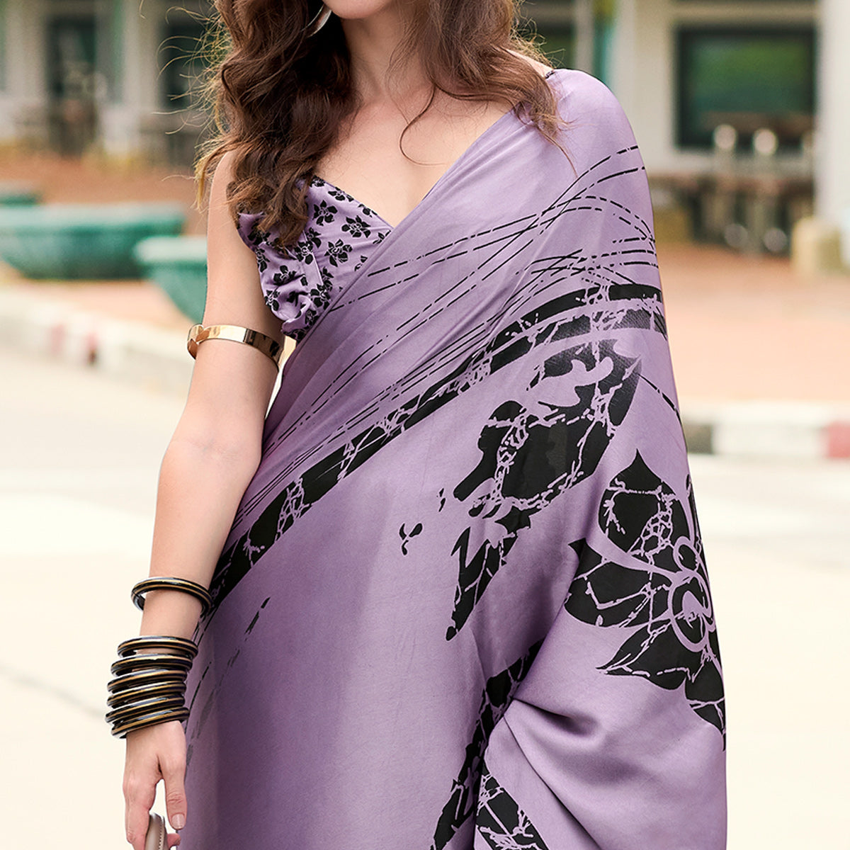 Lavender Printed Satin Saree