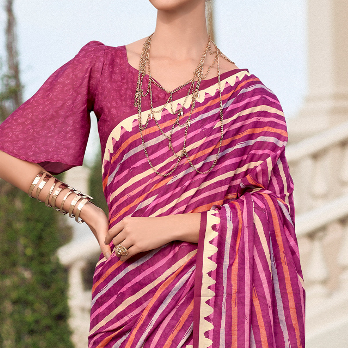 Magenta Striped Printed Mul Pure Silk Saree