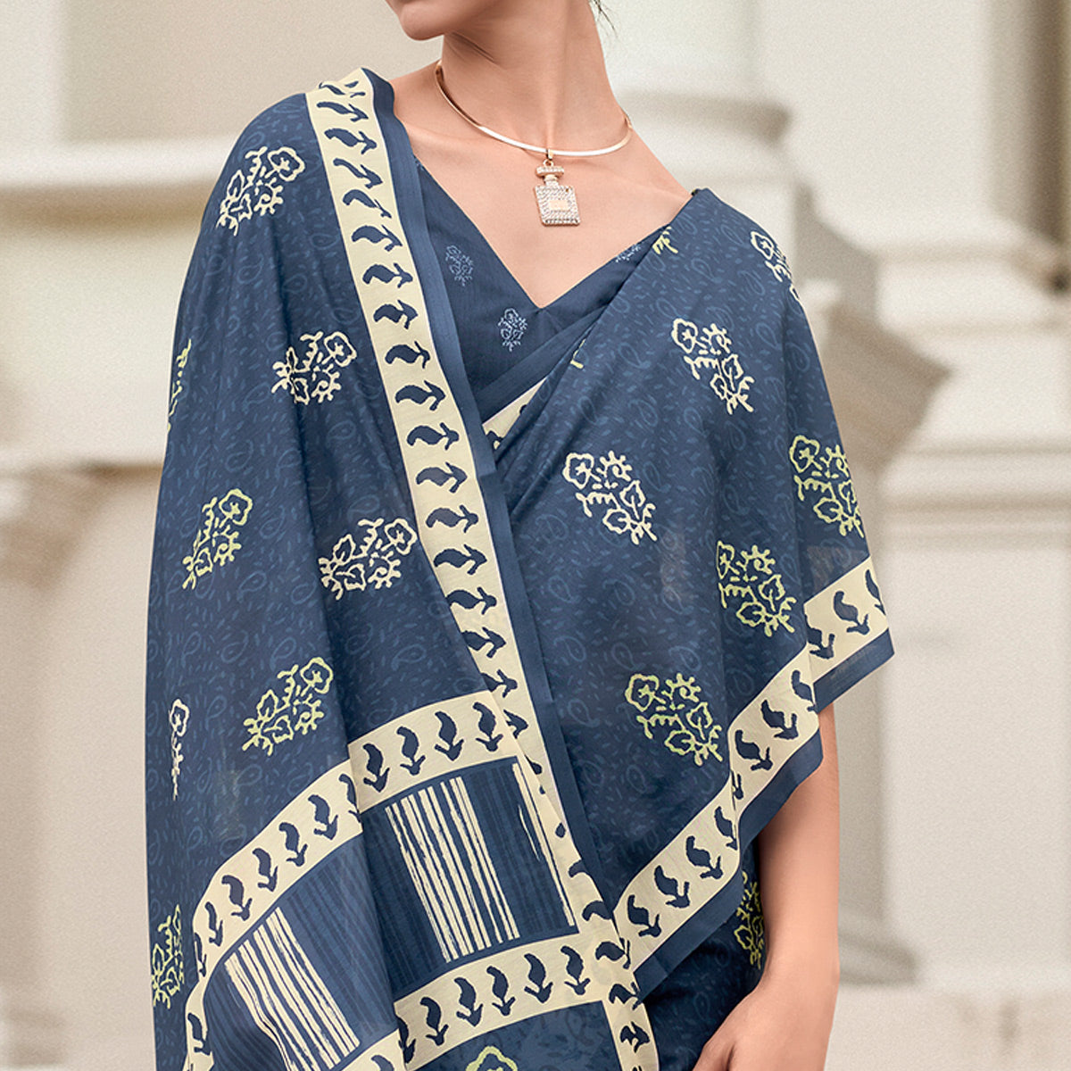 Blue Floral Printed Mul Pure Silk Saree